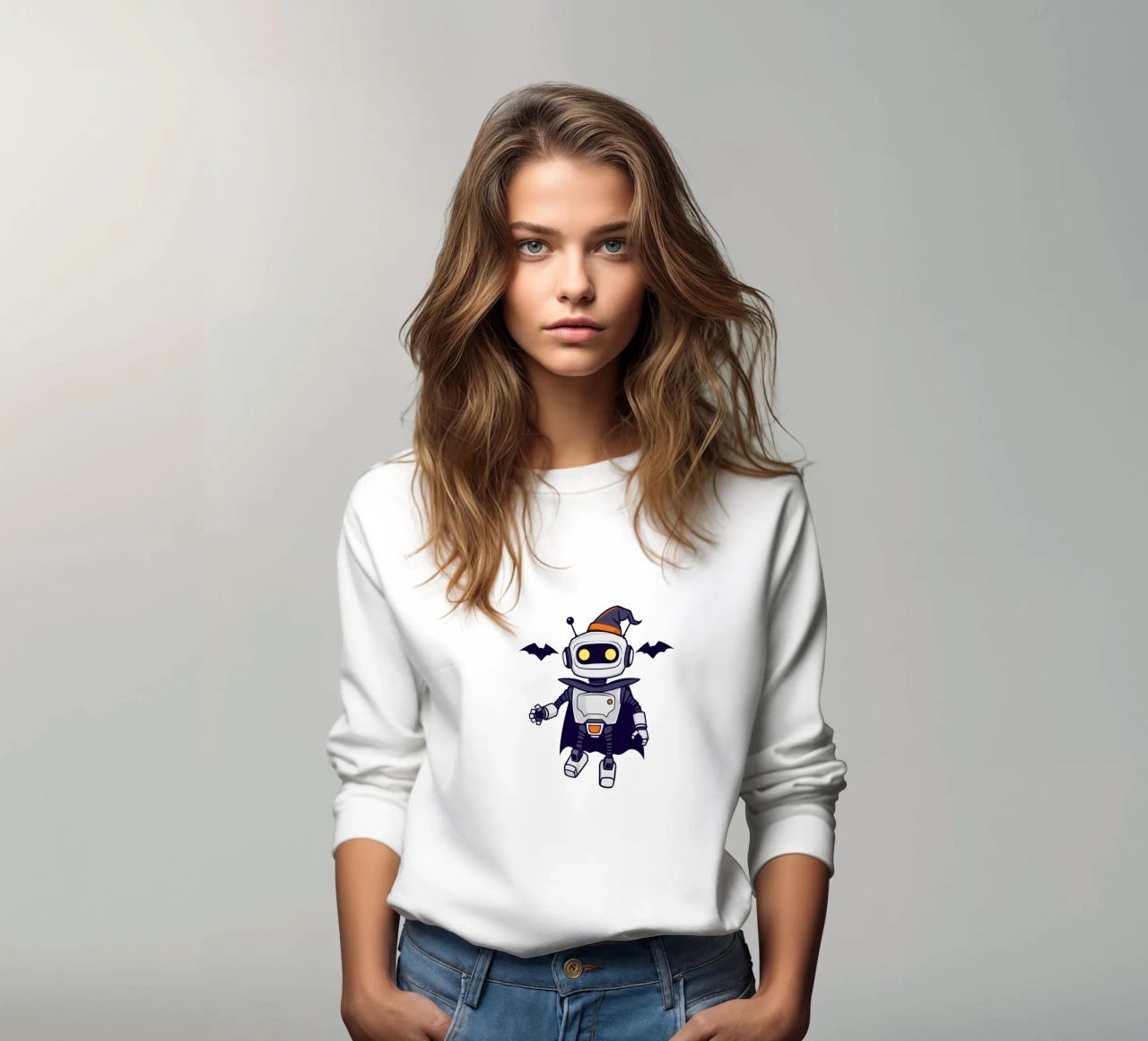 Un juguetón robot disfrazado de Halloween con capa sudadera de DesignDoodle