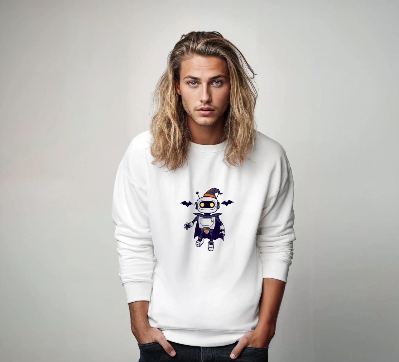 Un juguetón robot disfrazado de Halloween con capa sudadera de DesignDoodle