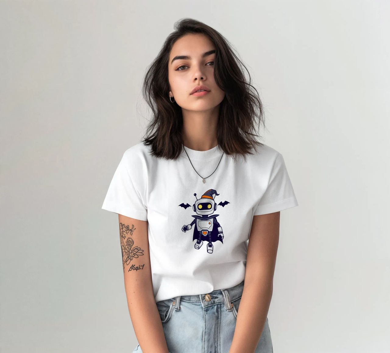 Un juguetón robot disfrazado de Halloween con capa camiseta de DesignDoodle