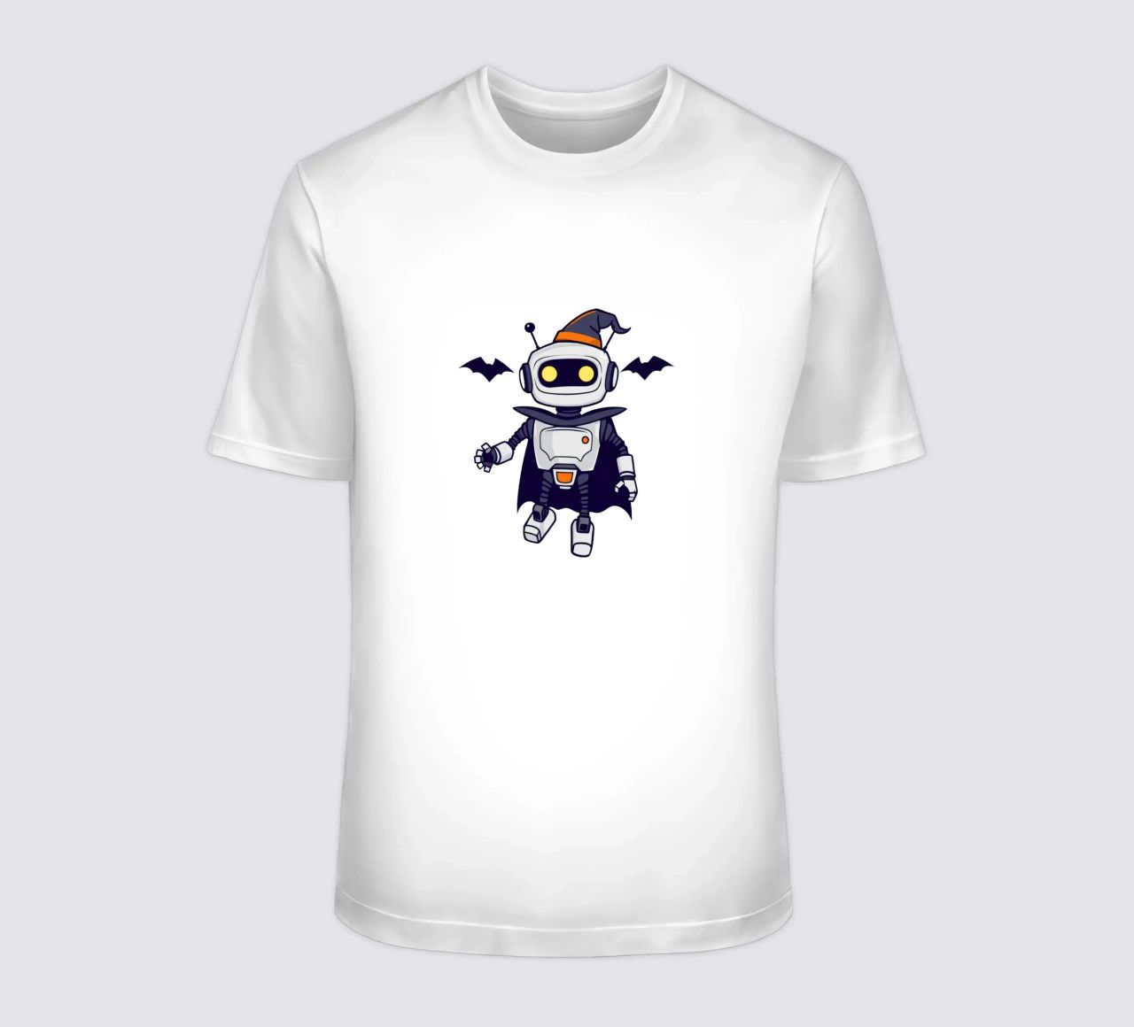 Un juguetón robot disfrazado de Halloween con capa camiseta de DesignDoodle
