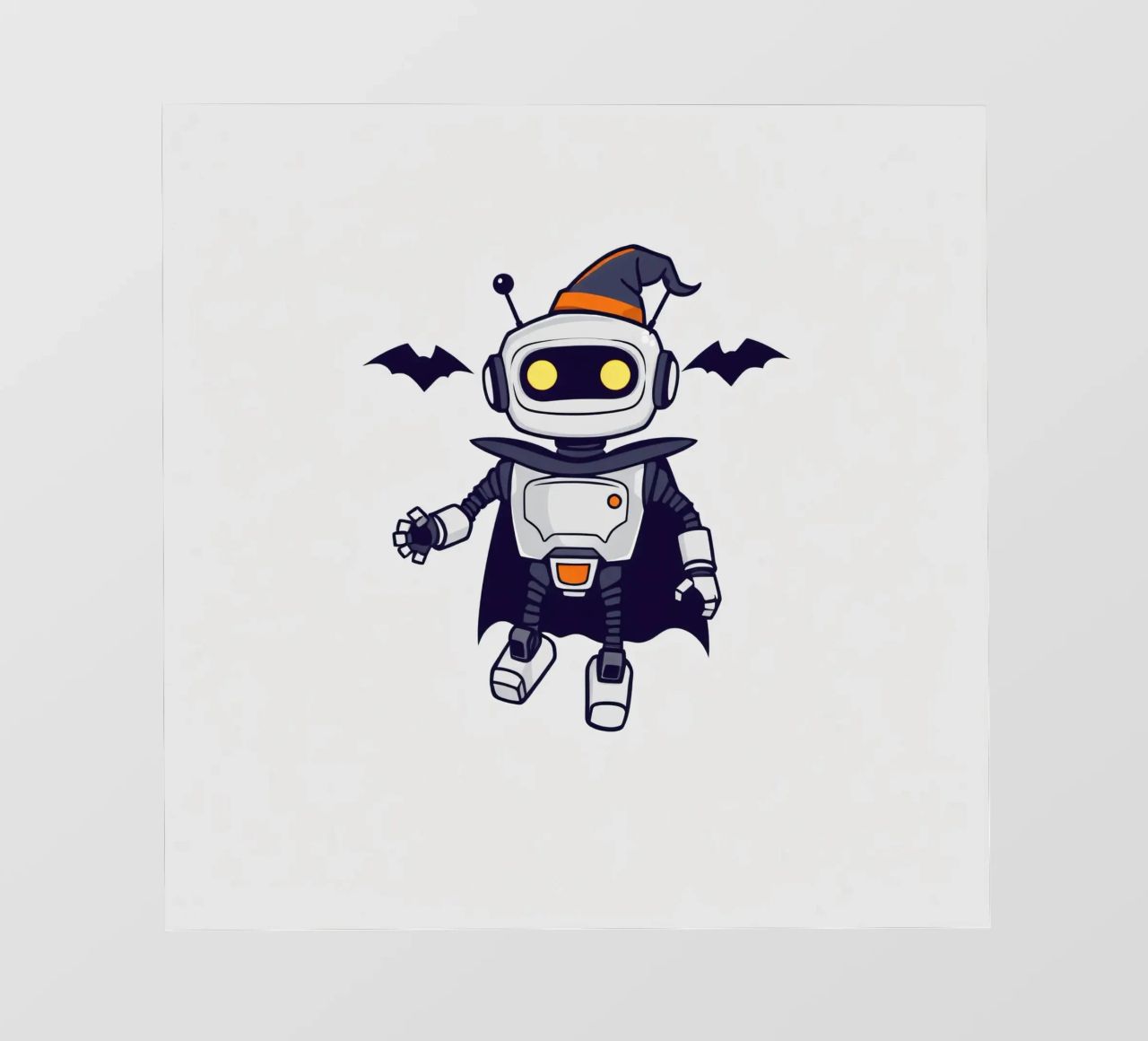 Un juguetón robot disfrazado de Halloween con capa lámina retroiluminada de DesignDoodle