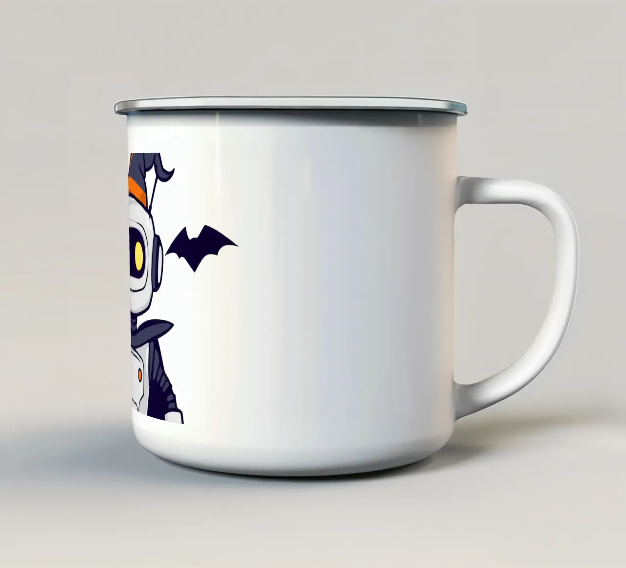 Een speelse robot in Halloween-kostuum, compleet met cape emaille mok van DesignDoodle