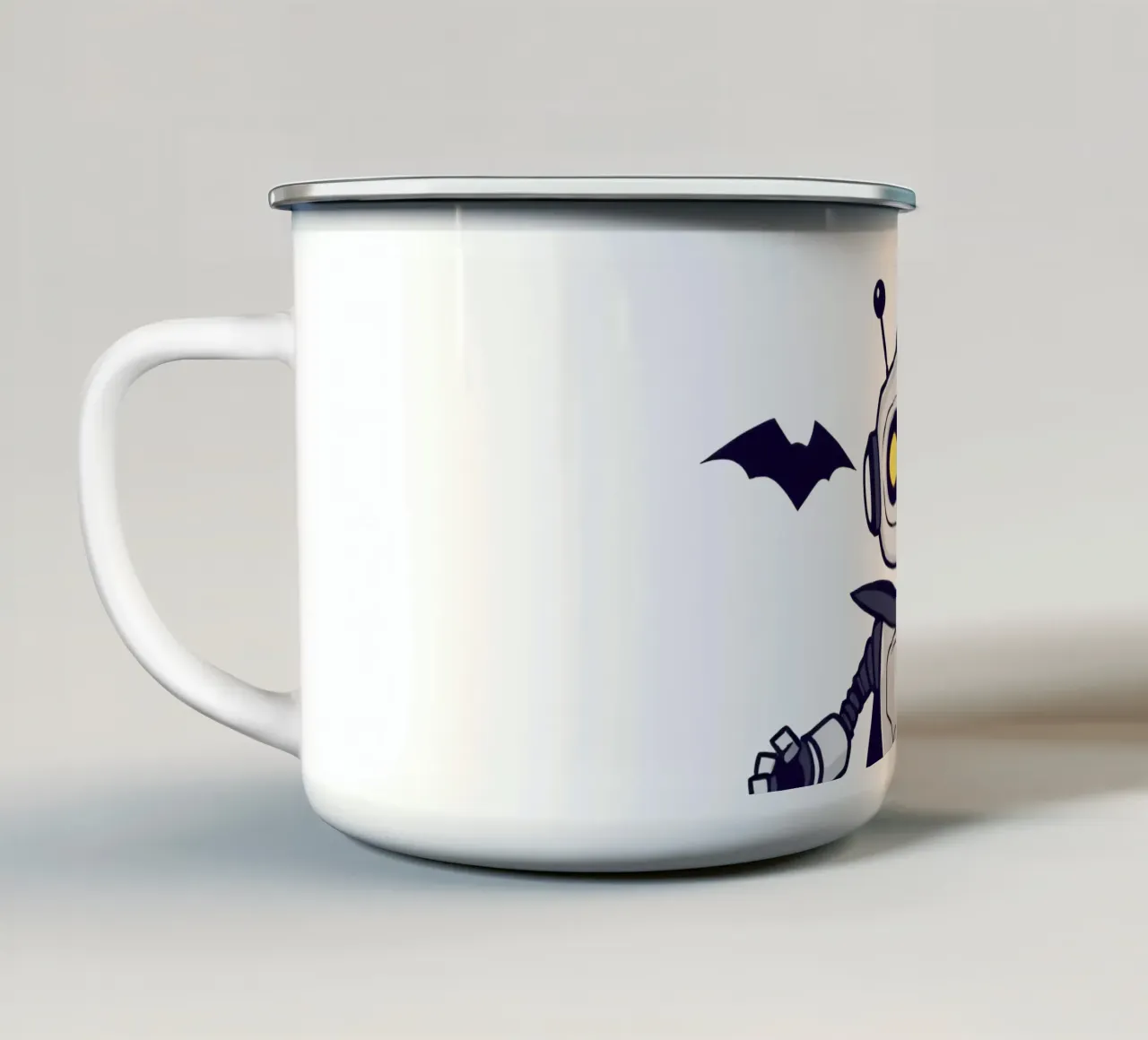Een speelse robot in Halloween-kostuum, compleet met cape emaille mok van DesignDoodle