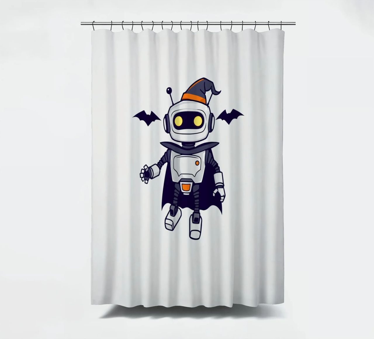 Un juguetón robot disfrazado de Halloween con capa cortina de baño de DesignDoodle