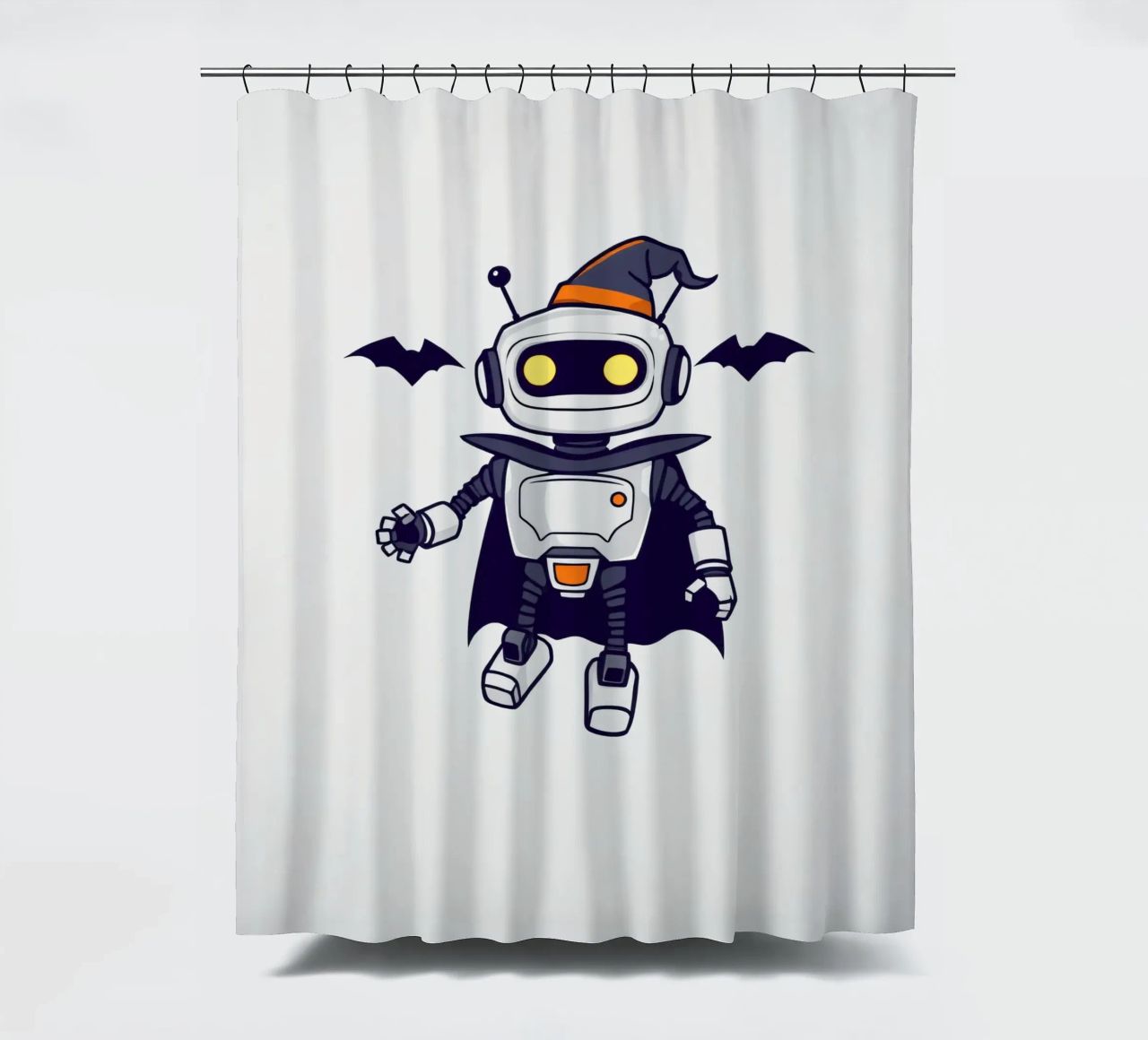 Un juguetón robot disfrazado de Halloween con capa cortina de baño de DesignDoodle