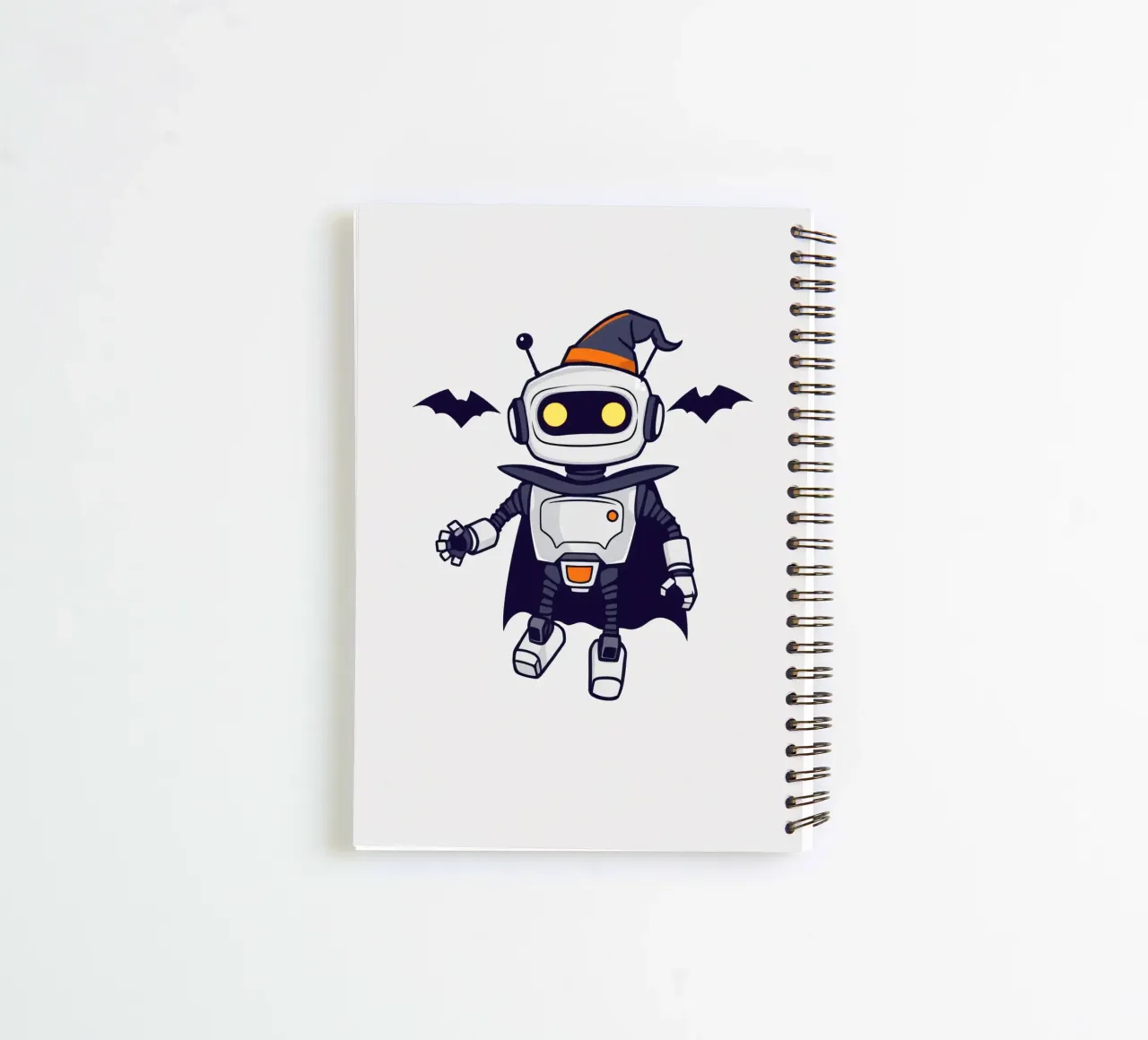 A playful robot in a Halloween costume, complete with a cape spiral notebook by DesignDoodle