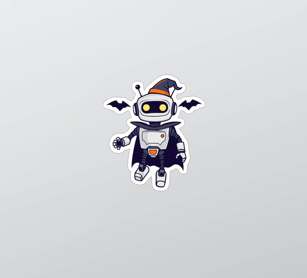 Un juguetón robot disfrazado de Halloween con capa pegatina de DesignDoodle