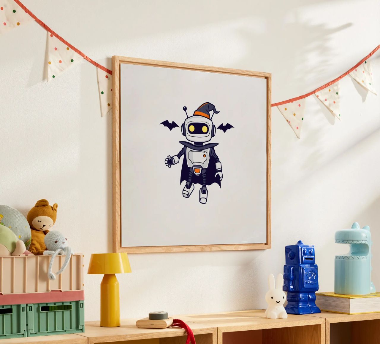 Un juguetón robot disfrazado de Halloween con capa metacrilato de DesignDoodle