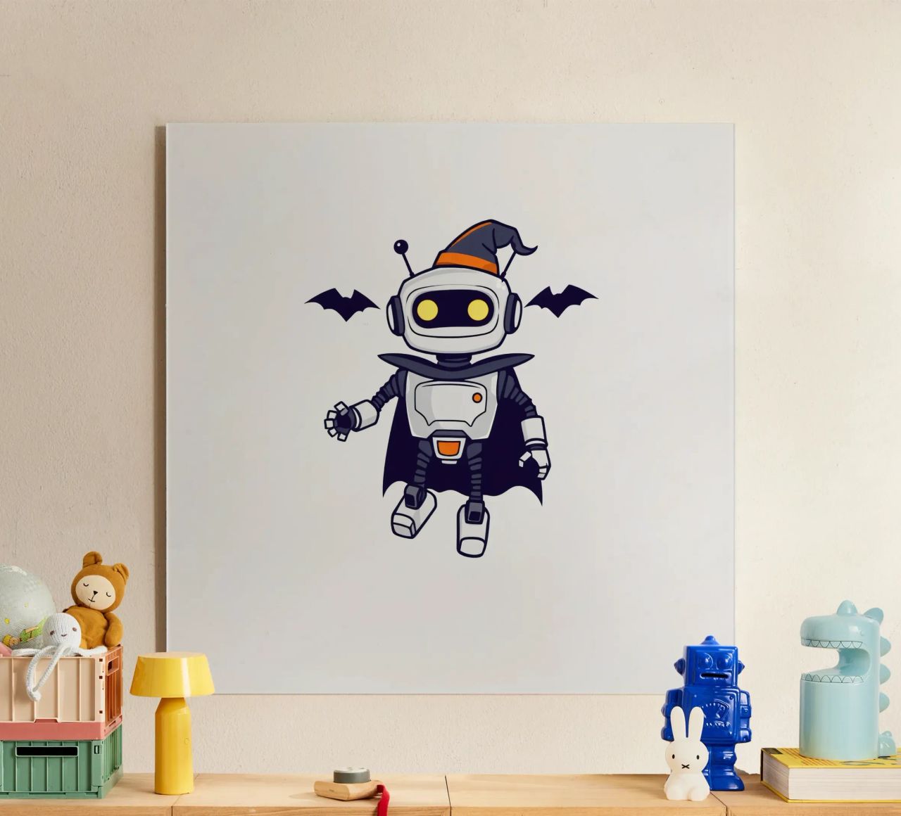 Un juguetón robot disfrazado de Halloween con capa metacrilato de DesignDoodle