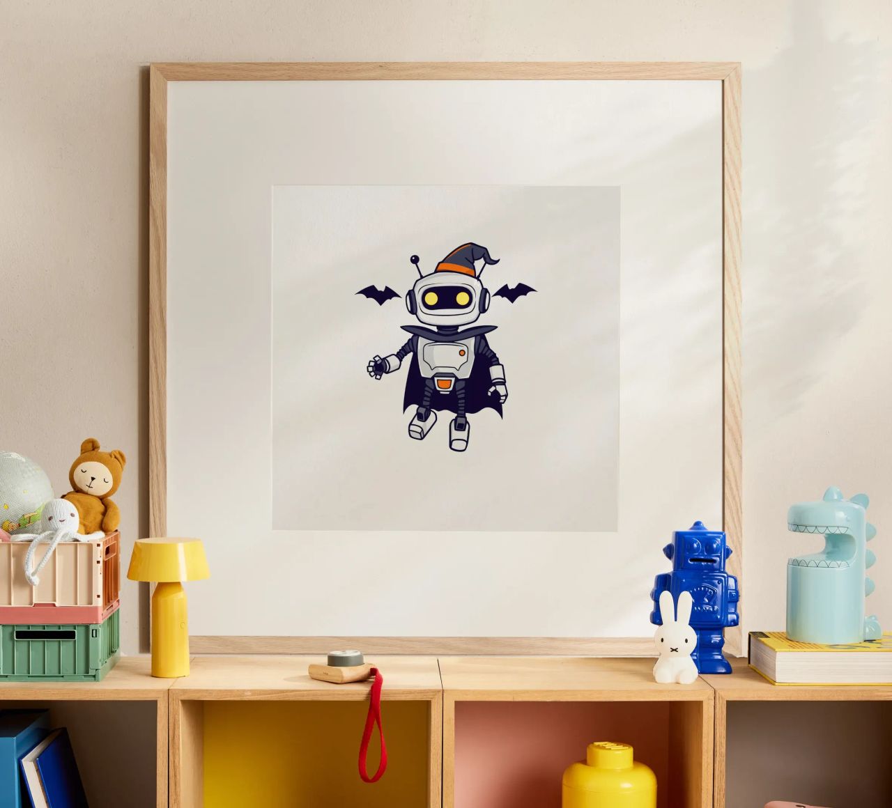 Un juguetón robot disfrazado de Halloween con capa hahnemühle de DesignDoodle