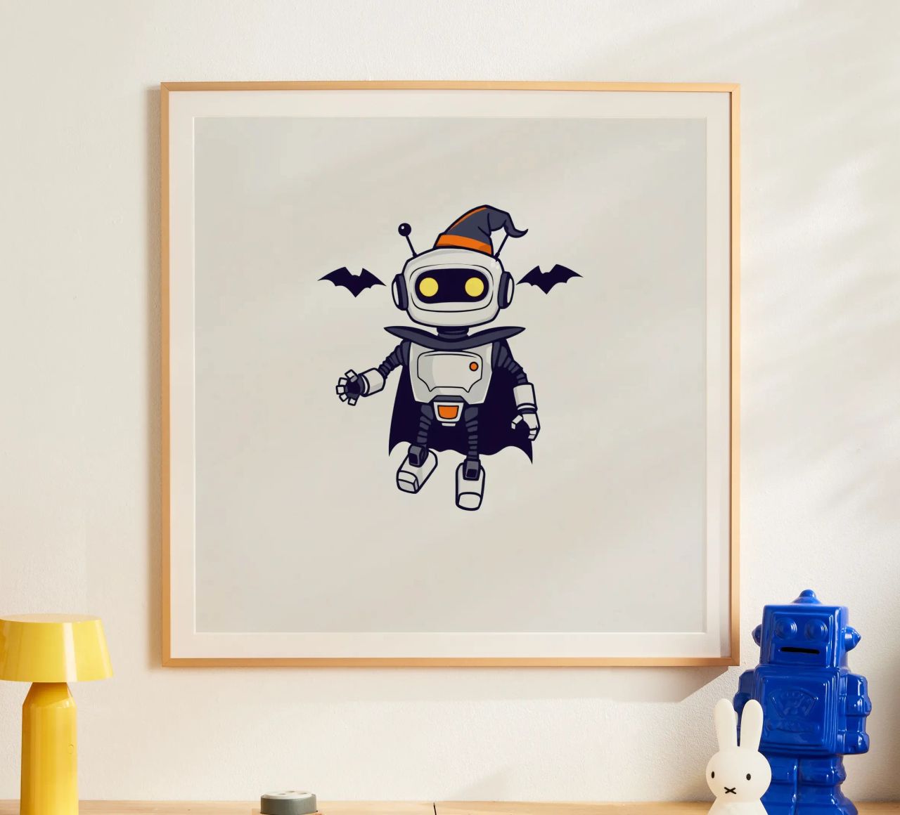Un juguetón robot disfrazado de Halloween con capa hahnemühle de DesignDoodle
