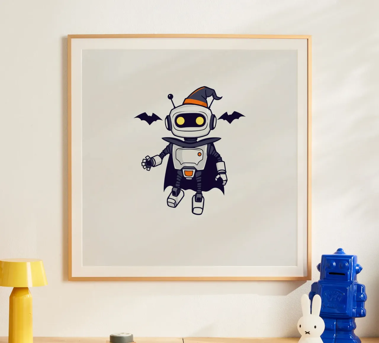 Un robot giocoso in costume di Halloween, con tanto di mantello carta hahnemühle da DesignDoodle