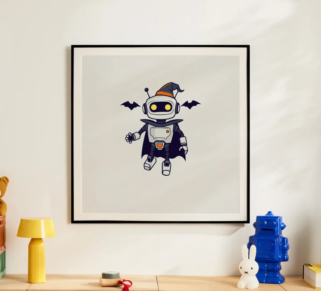 Un robot giocoso in costume di Halloween, con tanto di mantello carta hahnemühle da DesignDoodle