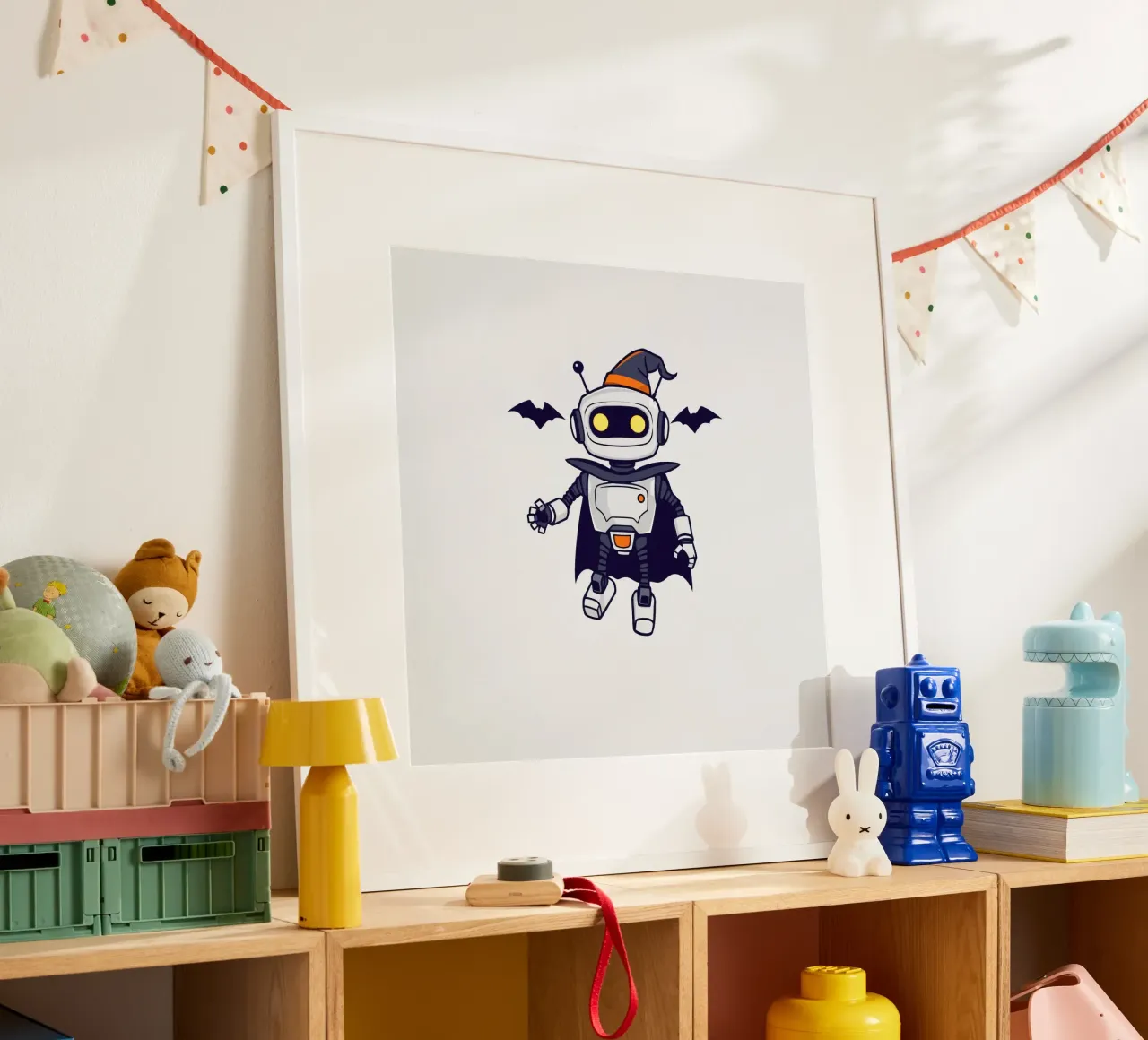 Un robot giocoso in costume di Halloween, con tanto di mantello carta hahnemühle da DesignDoodle