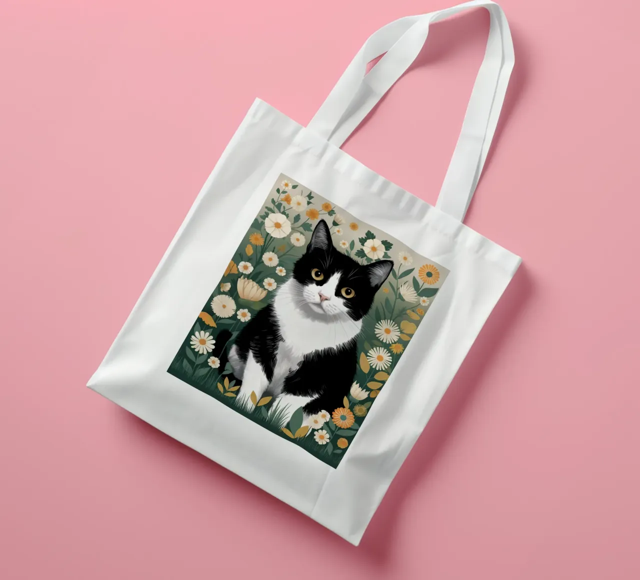 Schwarze und weiße Katze in Gänseblümchen Jutebeutel von logic