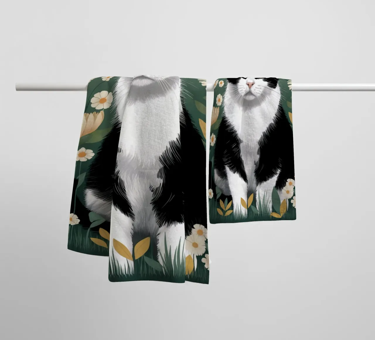 Gatto bianco e nero con margherite asciugamano da bagno da logic