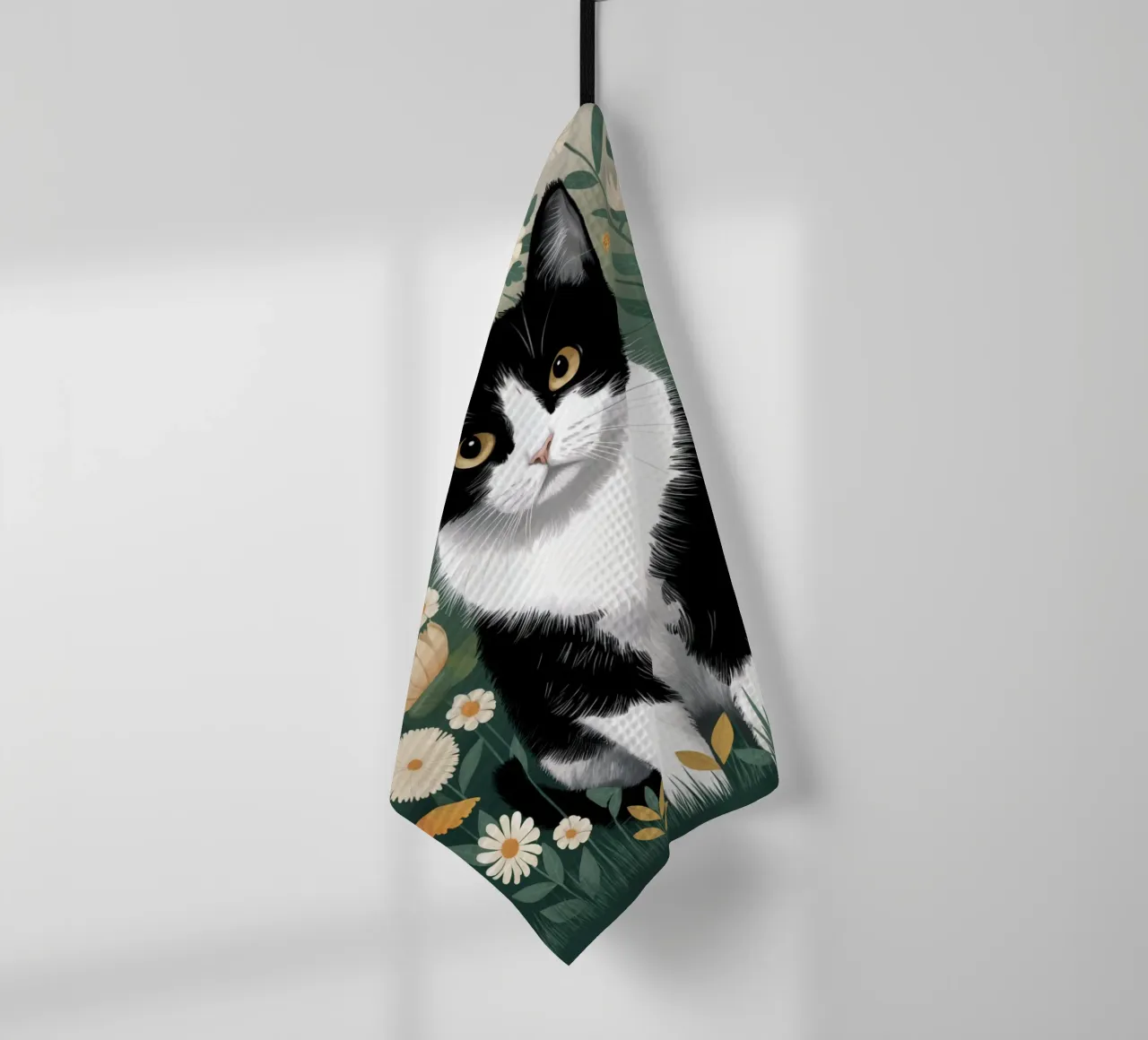 Gatto bianco e nero con margherite canovaccio da cucina da logic