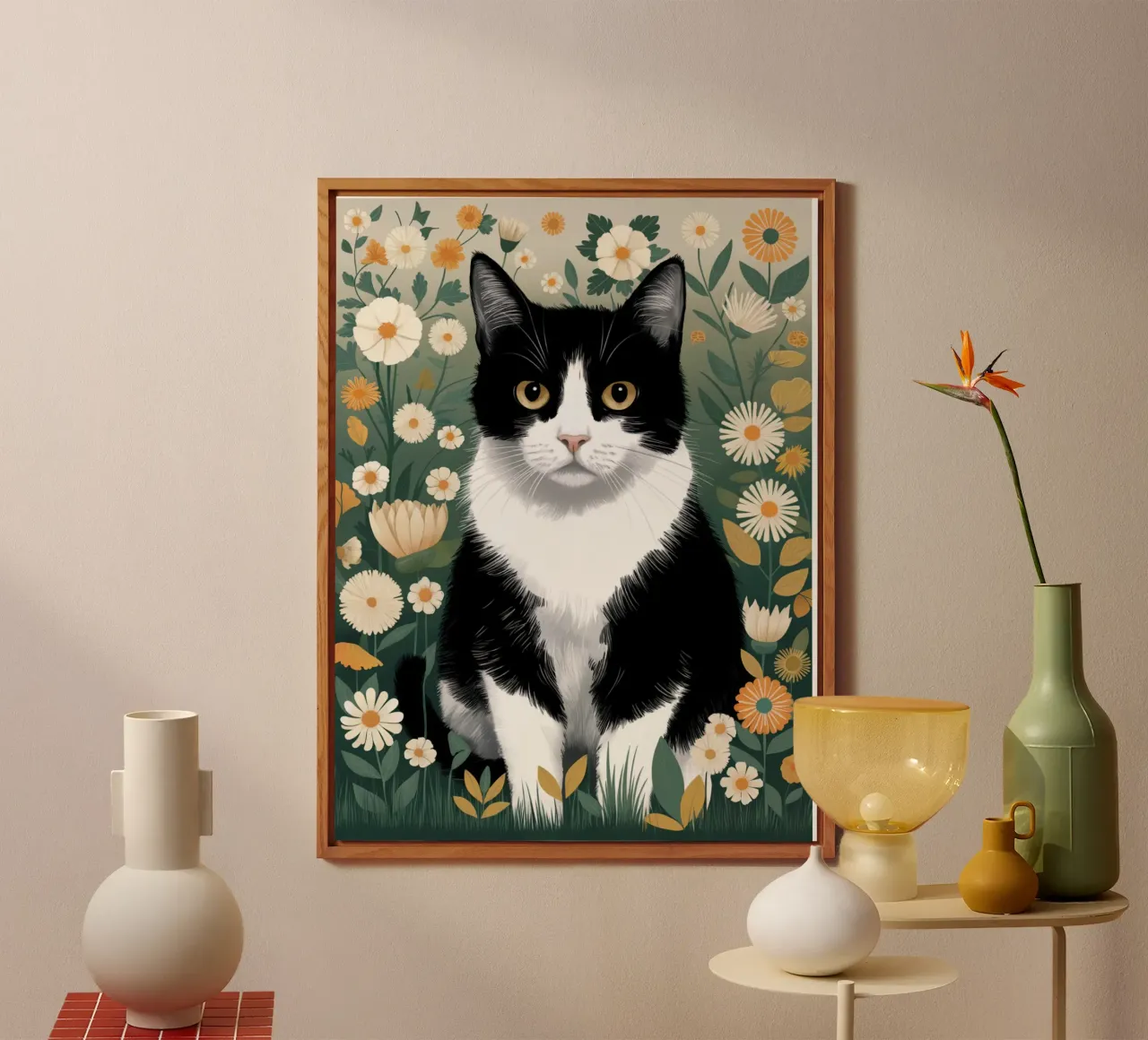 Gatto bianco e nero con margherite alluminio dibond da logic