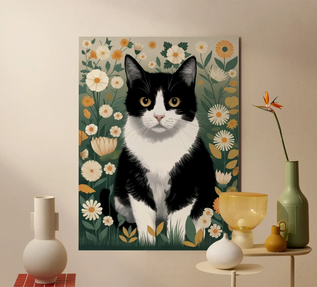 Gatto bianco e nero con margherite alluminio dibond da logic