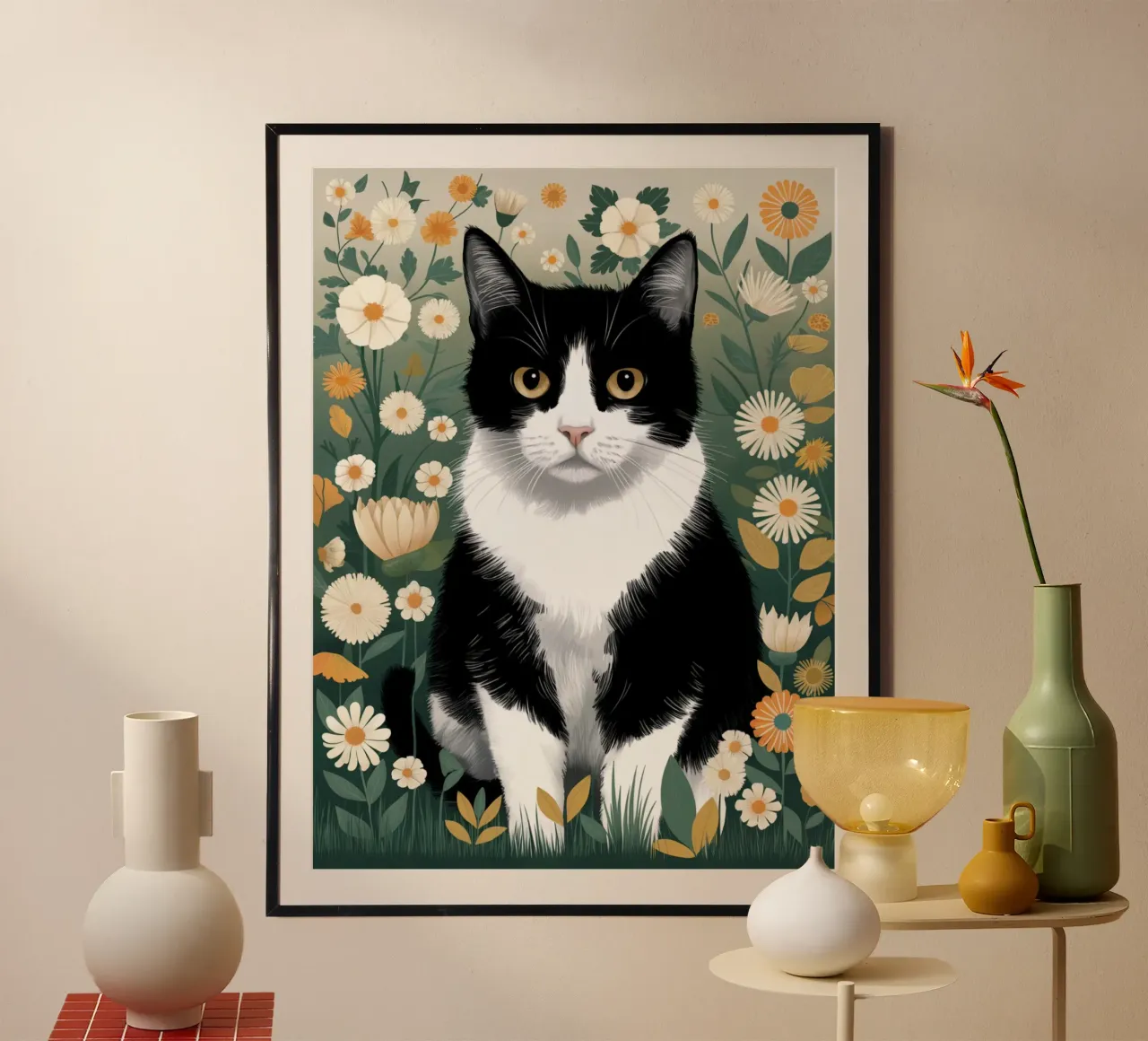 Gatto bianco e nero con margherite carta hahnemühle da logic