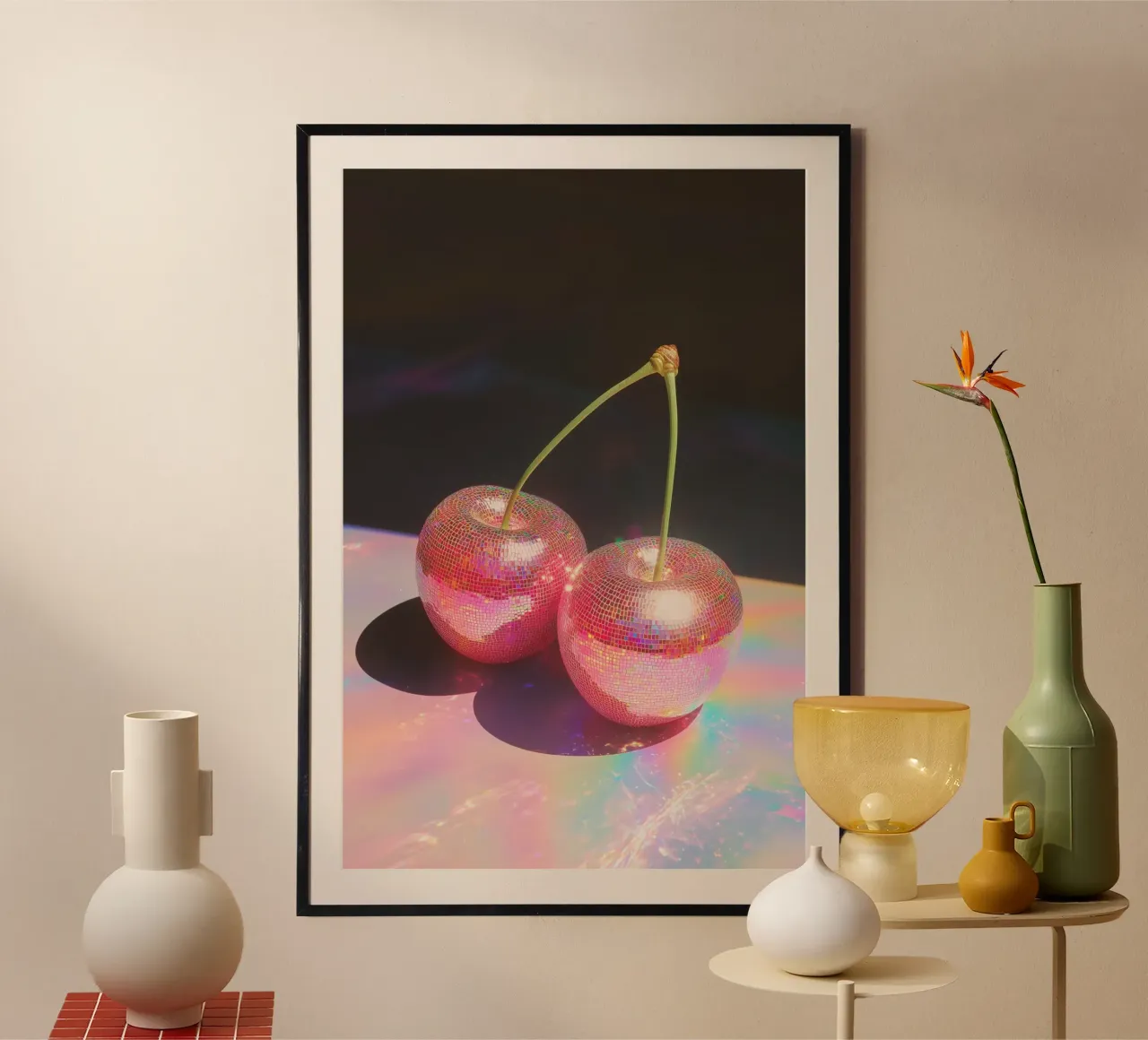 Disco Red Cherry Art poster con telaio in alluminio da Melloi Art Print