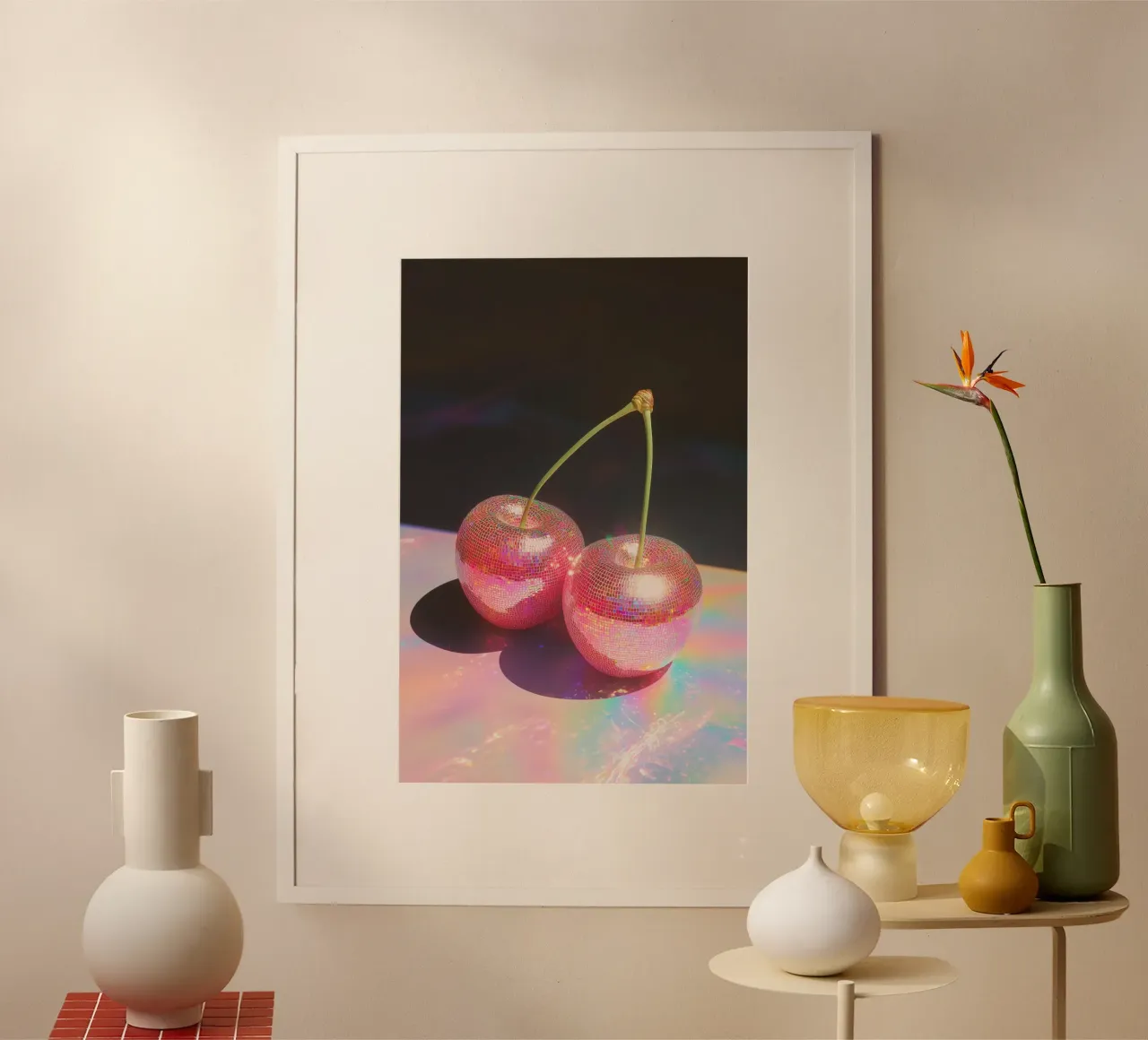 Disco Red Cherry Art poster con telaio in alluminio da Melloi Art Print