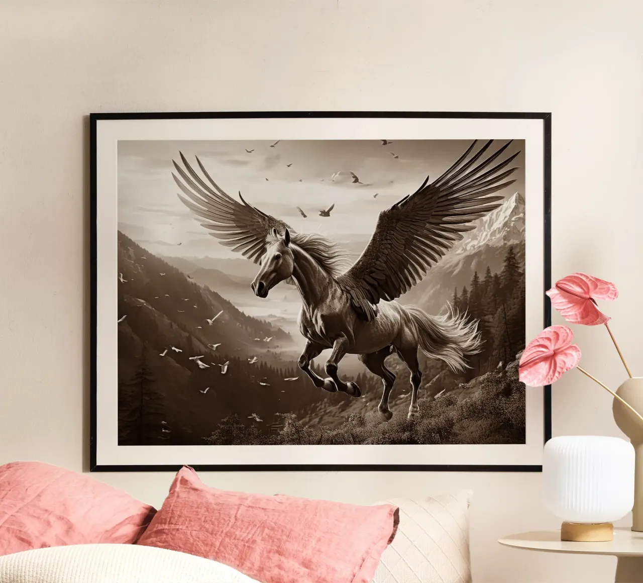 CHEVAL AILE 2. Sépia poster con telaio in alluminio da Thierry vobmann photography