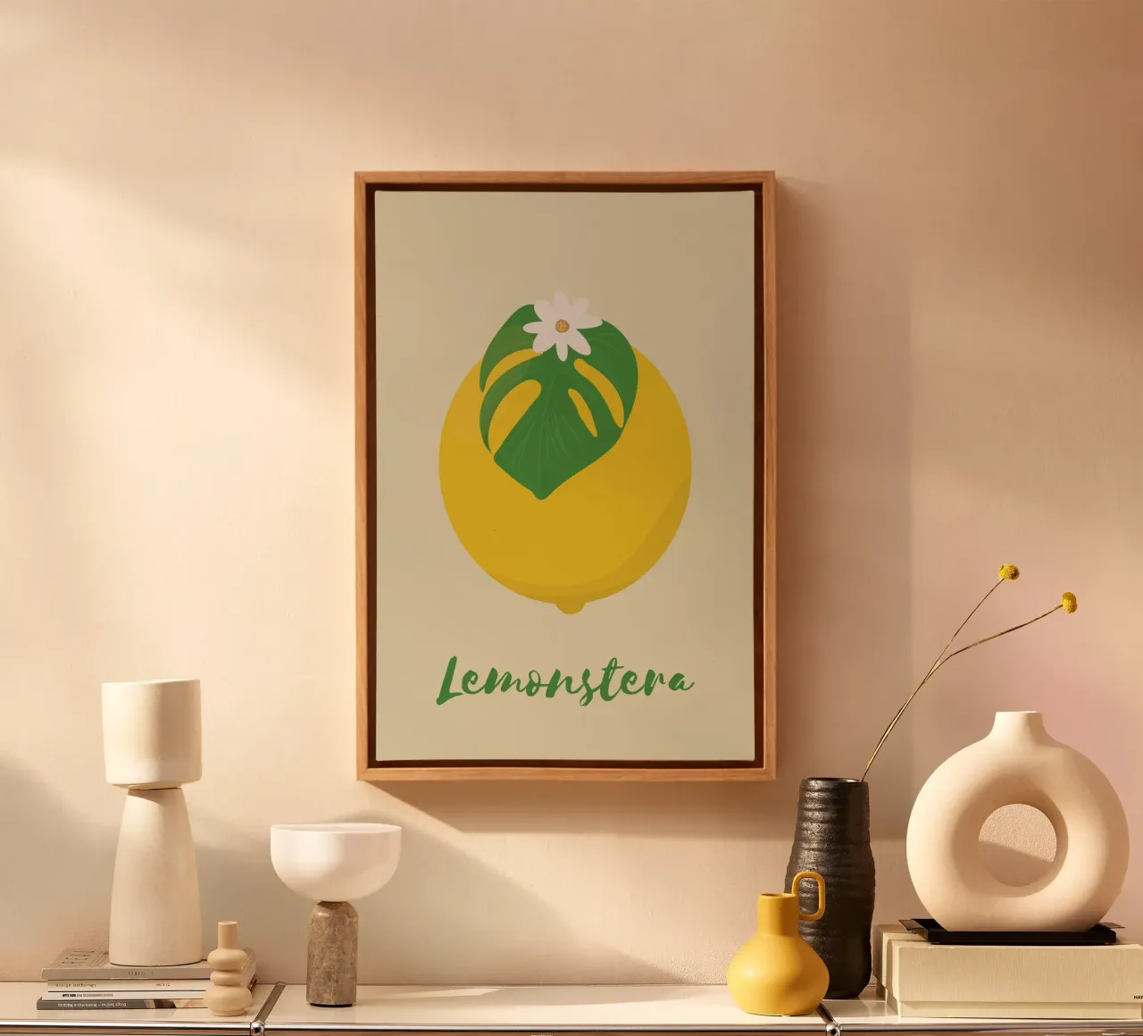Zitrone Monstera Leinwand mit Schattenfugenrahmen von pierosvisuals