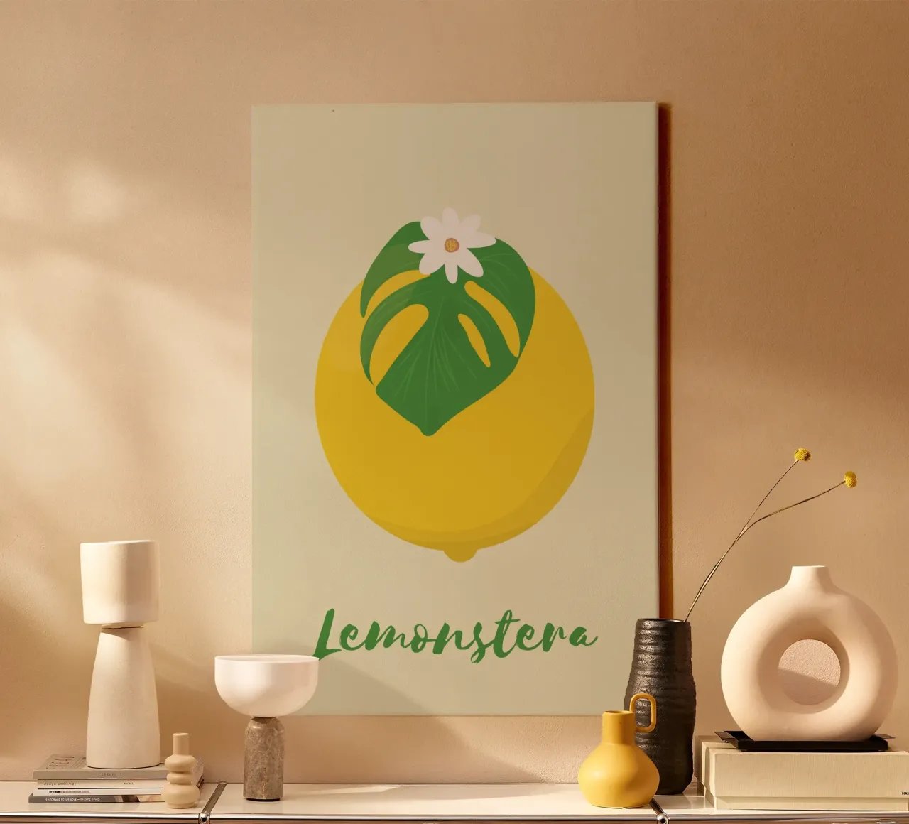 Zitrone Monstera Leinwand mit Schattenfugenrahmen von pierosvisuals