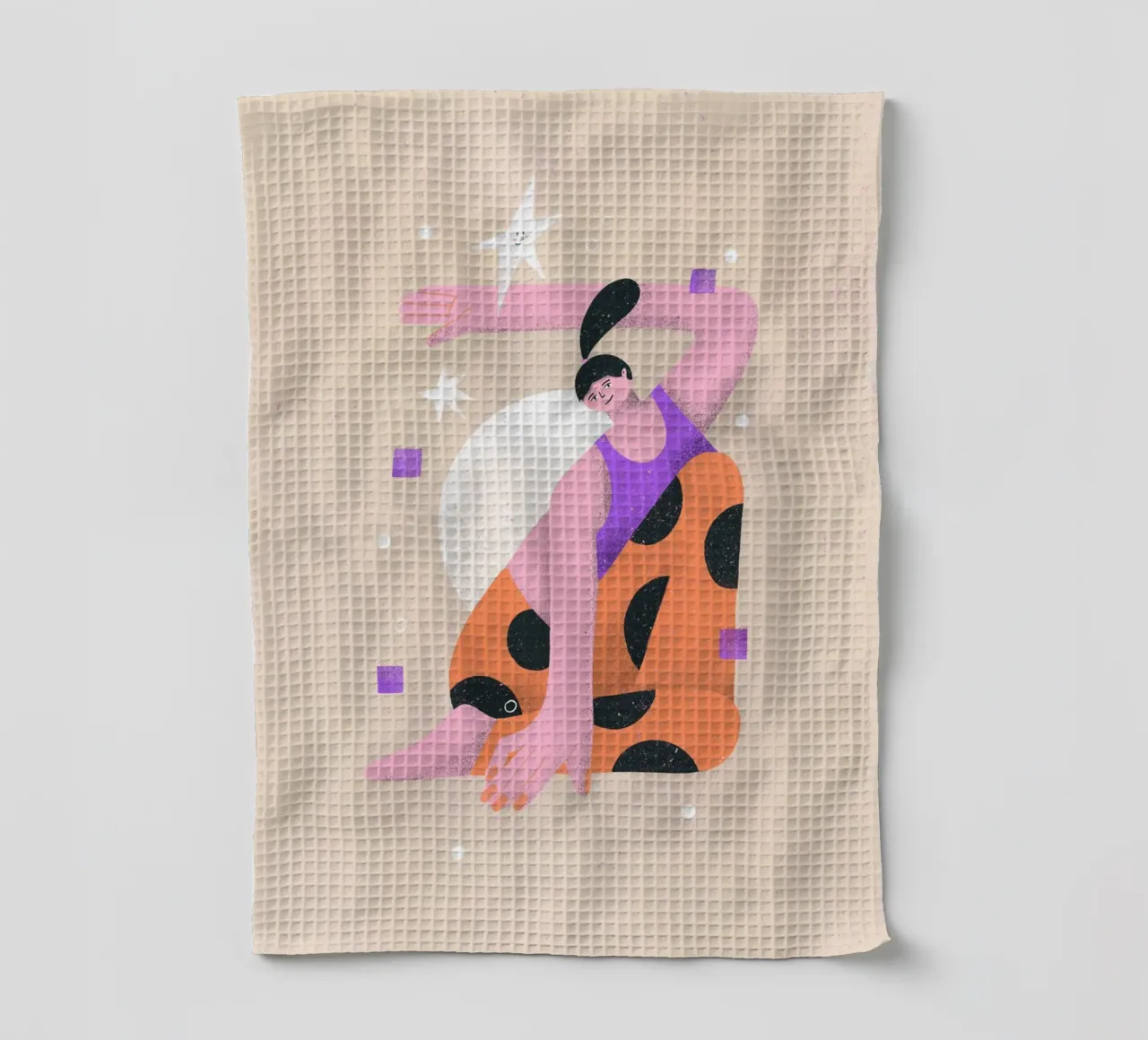 Yoga - Woman doing yoga in front of sun and stars Illustration tea towel by Bold & Beautiful