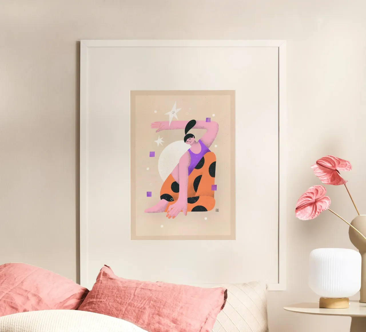 Yoga - Woman doing yoga in front of sun and stars Illustration hahnemühle by Bold & Beautiful