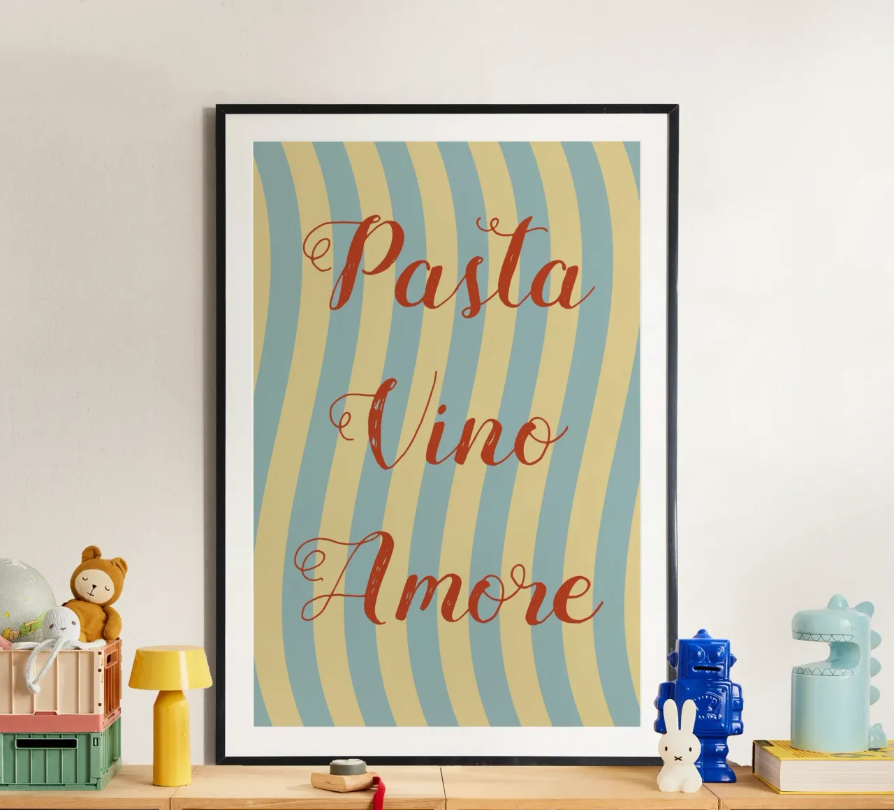 Pasta Vino Amore poster con telaio in legno da pierosvisuals