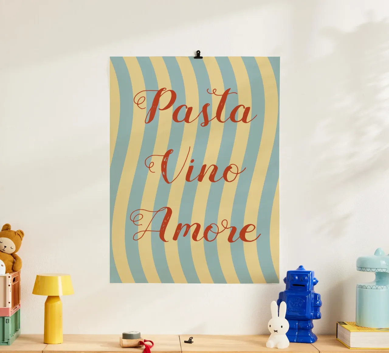 Pasta Vino Amore poster con telaio in legno da pierosvisuals