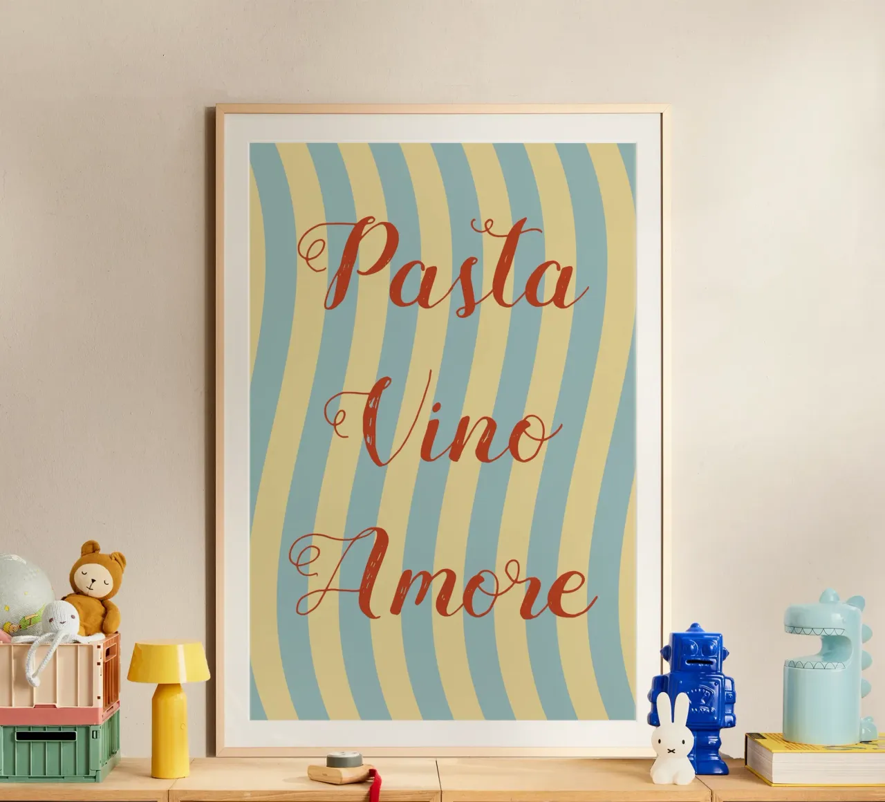 Pasta Vino Amore poster con telaio in legno da pierosvisuals