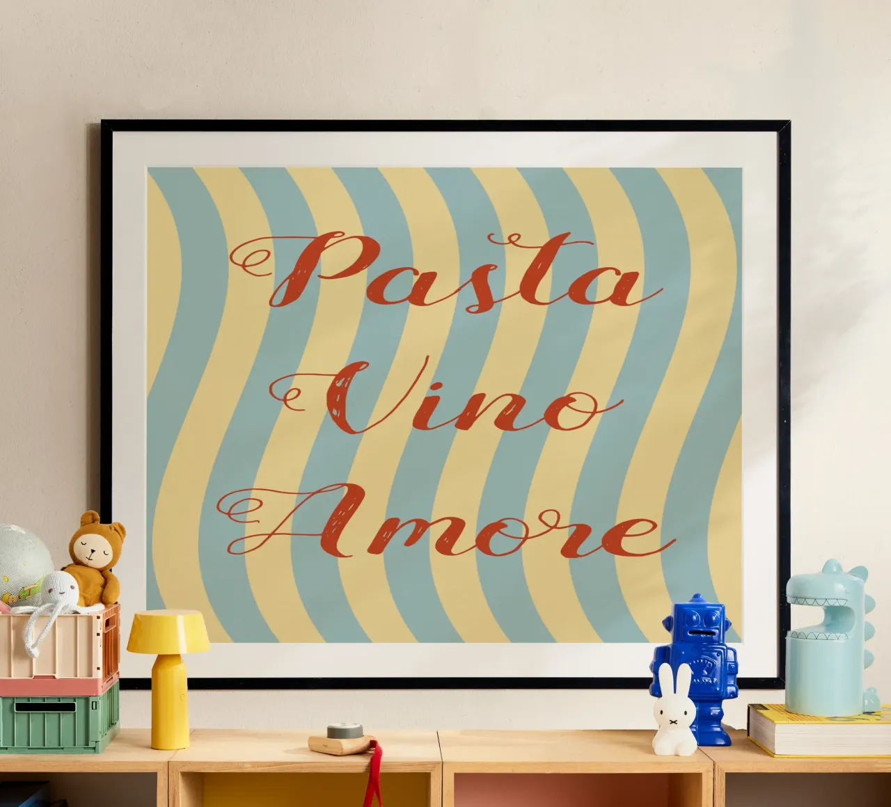Pasta Vino Amore poster con telaio in legno da pierosvisuals