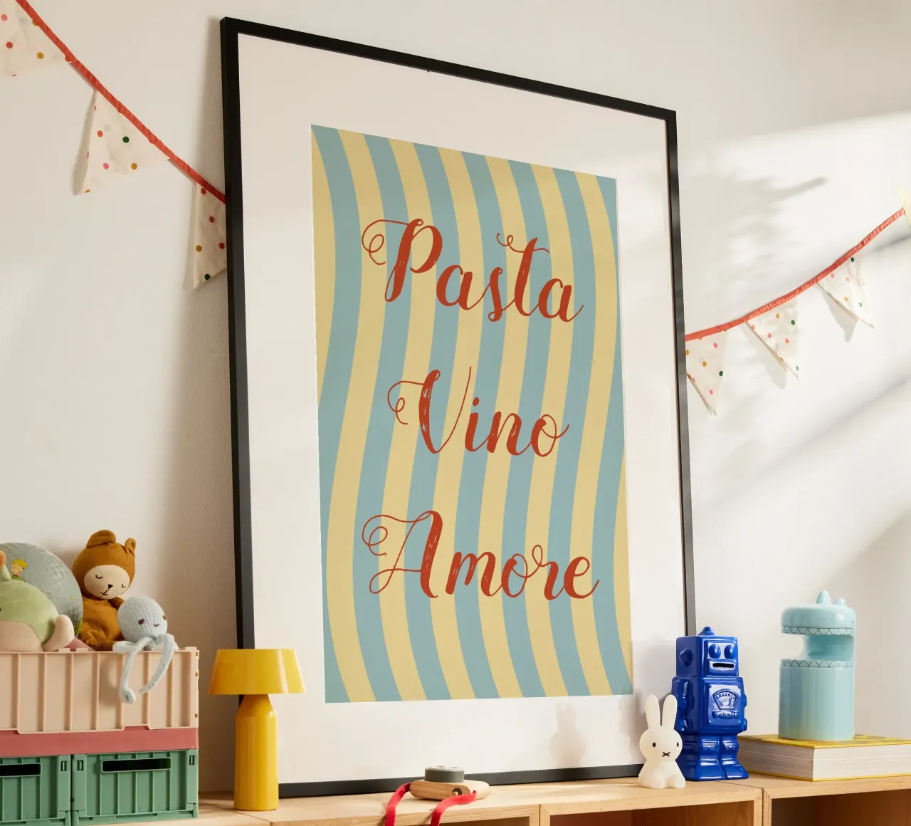 Pasta Vino Amore poster con telaio in legno da pierosvisuals