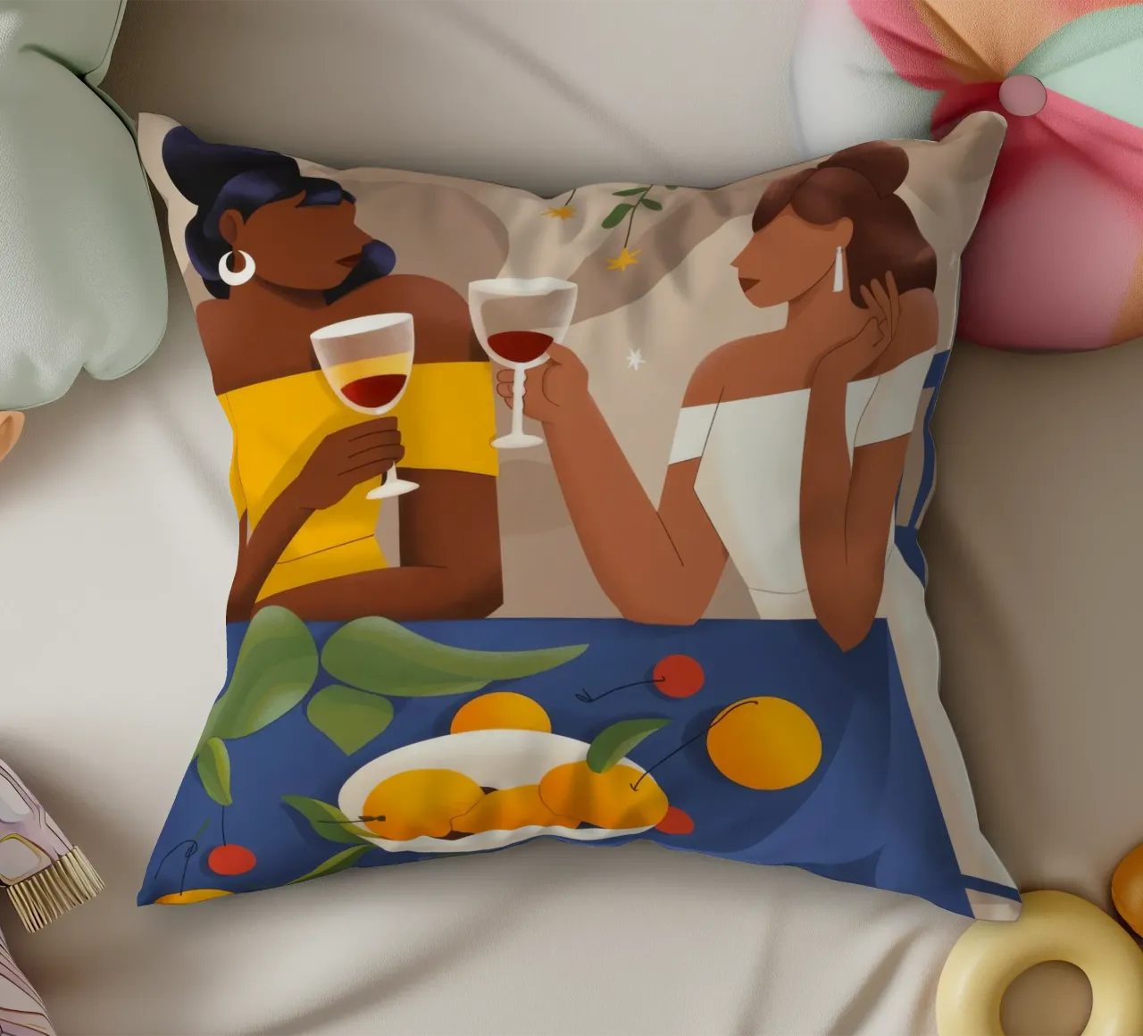 Joyful Reunion decorative cushion by Artie Shifa