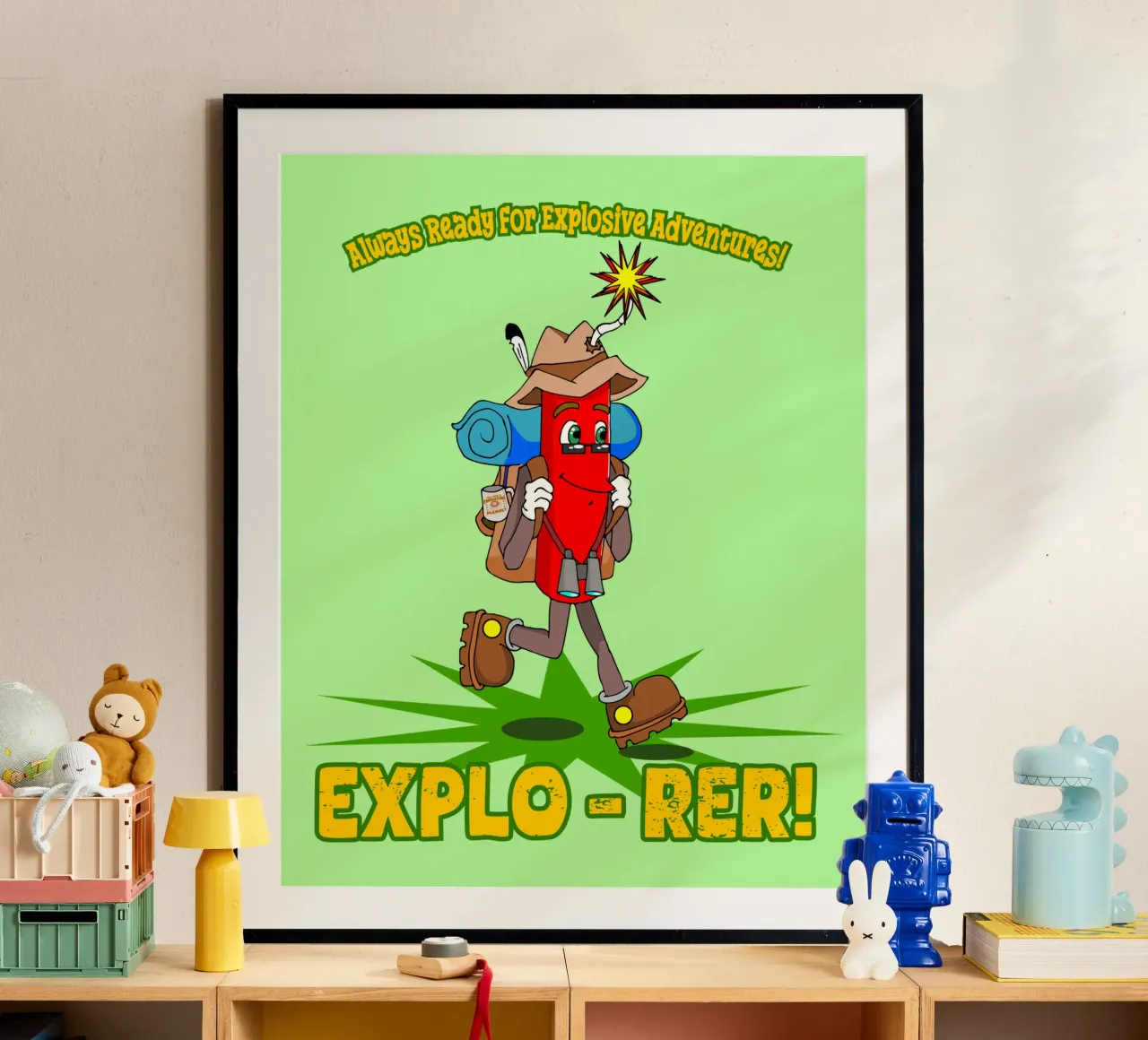 Explo-rer Funny Adventures Escursionista ed escursionista poster con telaio in alluminio da sillyindustries