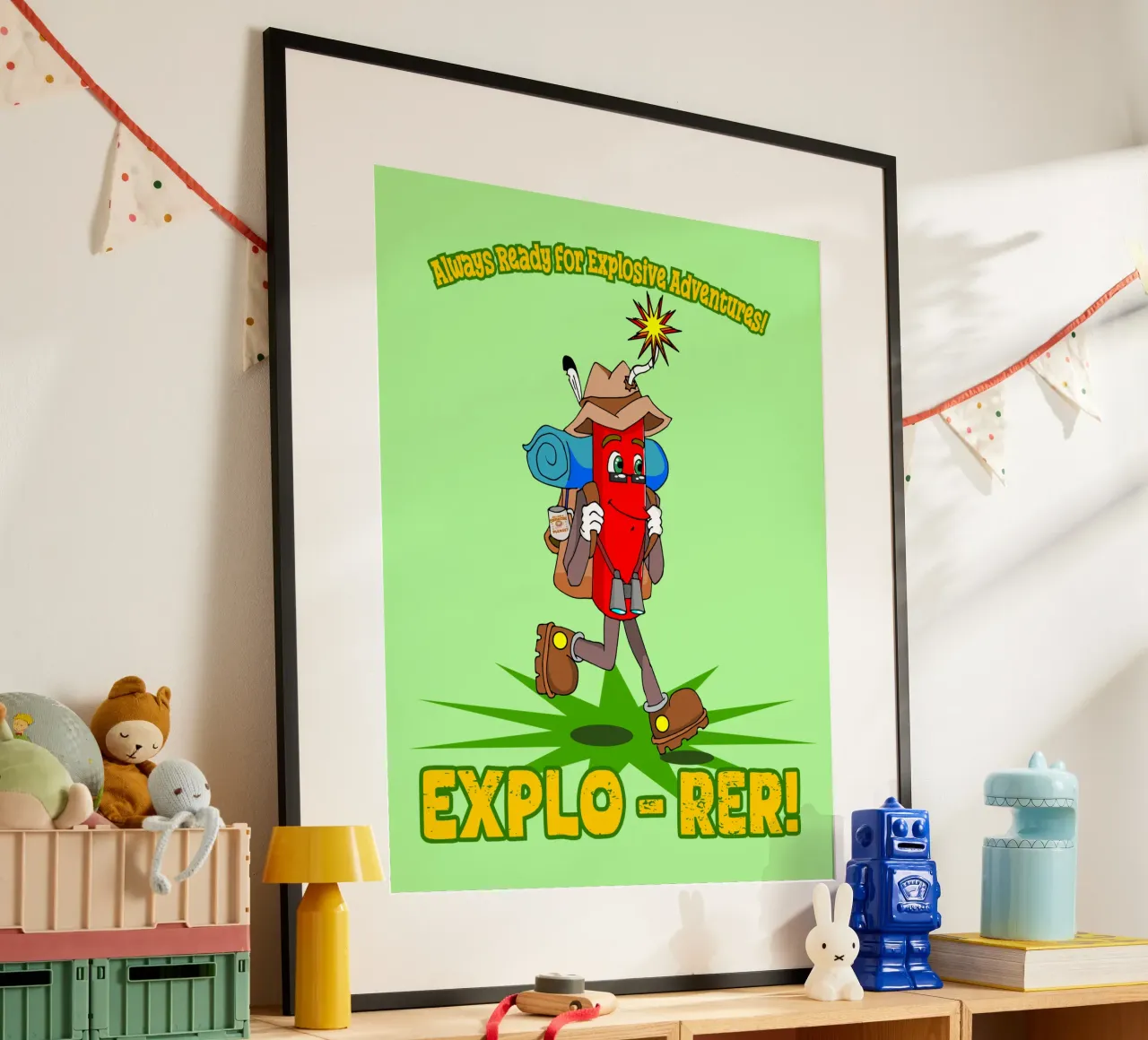 Explo-rer Funny Adventures Escursionista ed escursionista poster con telaio in alluminio da sillyindustries
