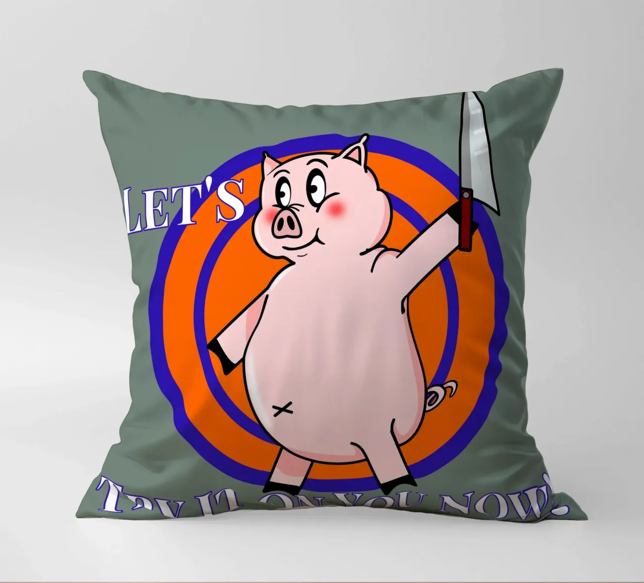 Let's Try It on You Cartoon Pig decorative cushion by sillyindustries
