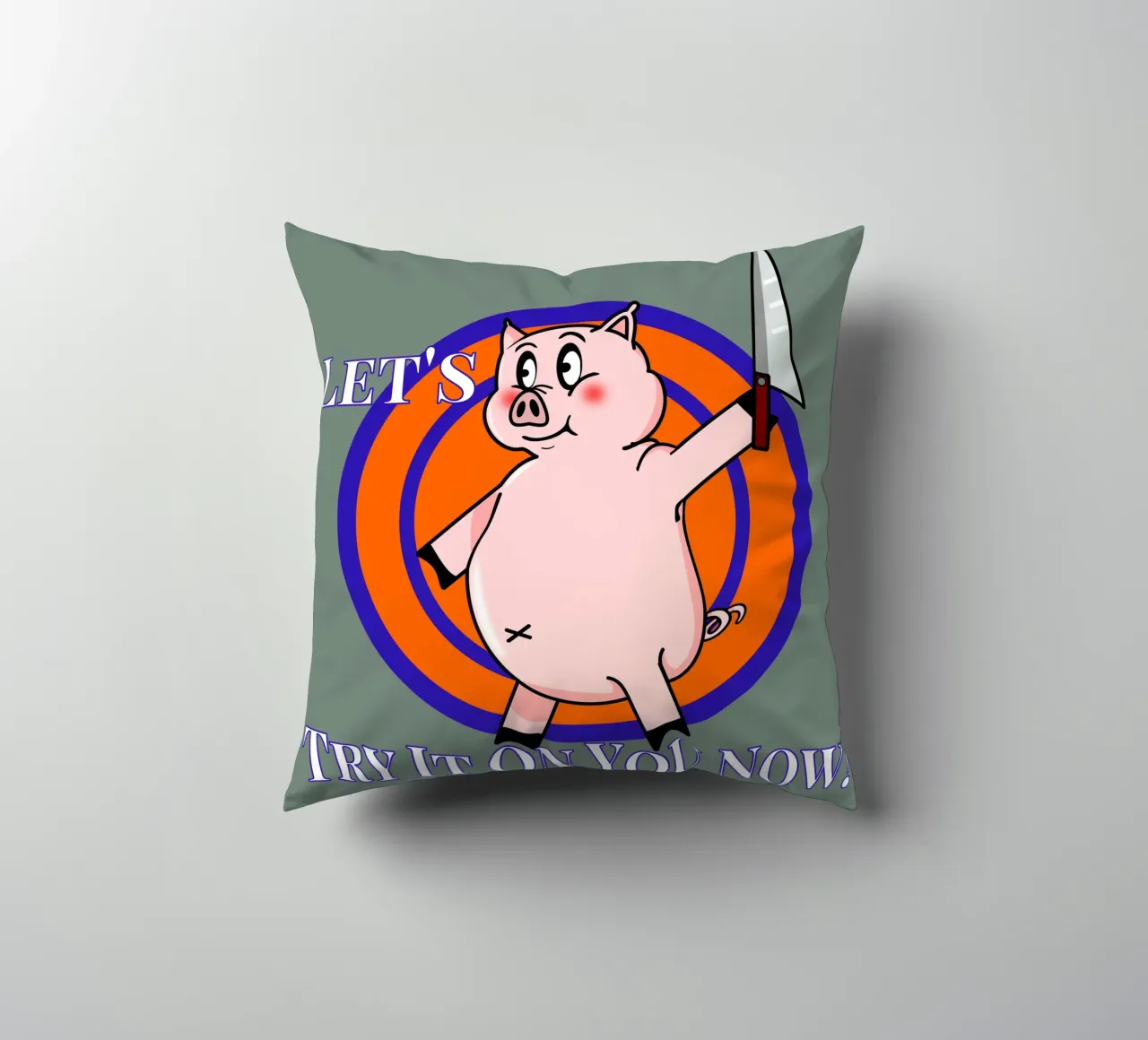 Let's Try It on You Cartoon Pig decorative cushion by sillyindustries
