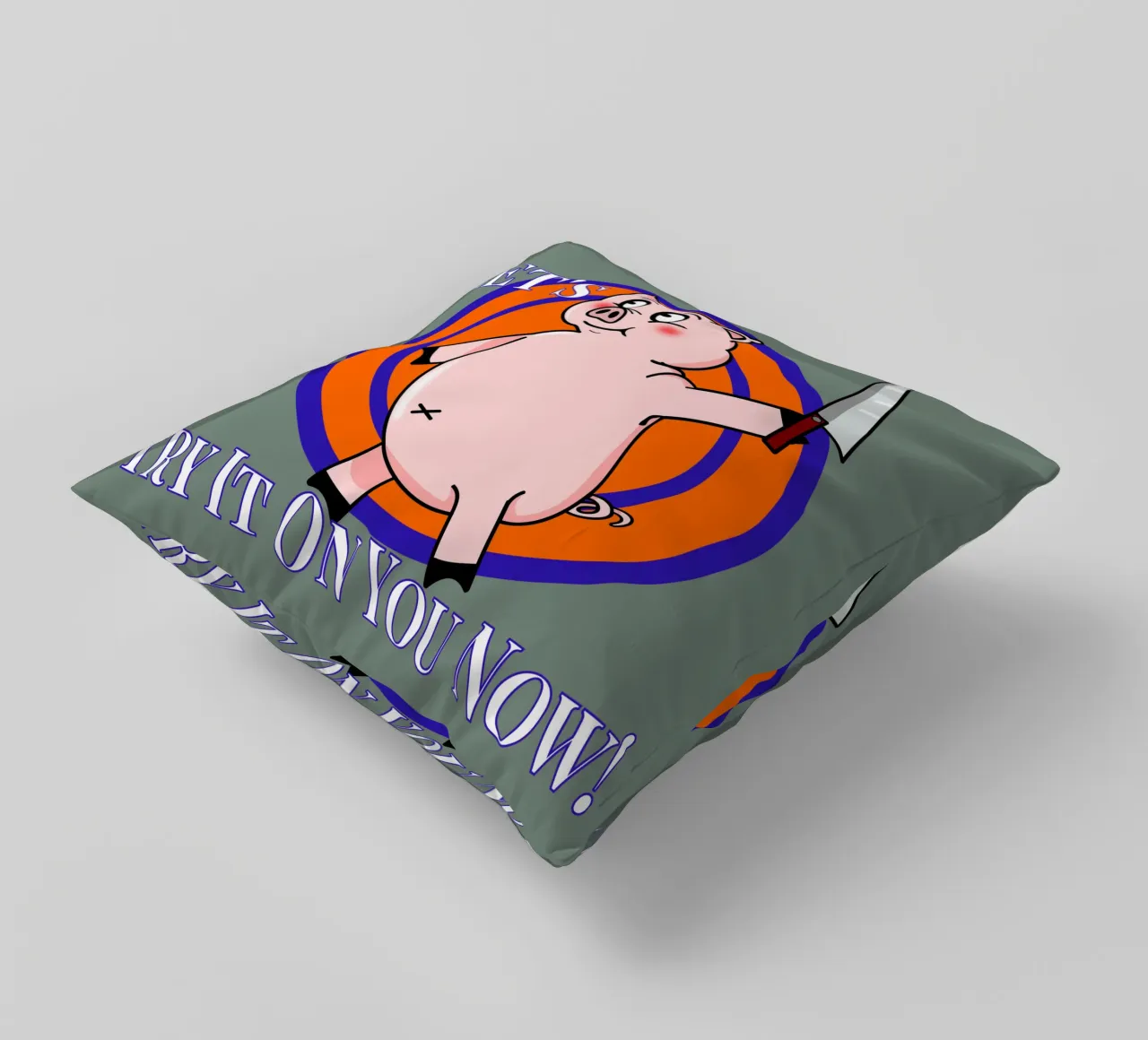 Let's Try It on You Cartoon Pig decorative cushion by sillyindustries