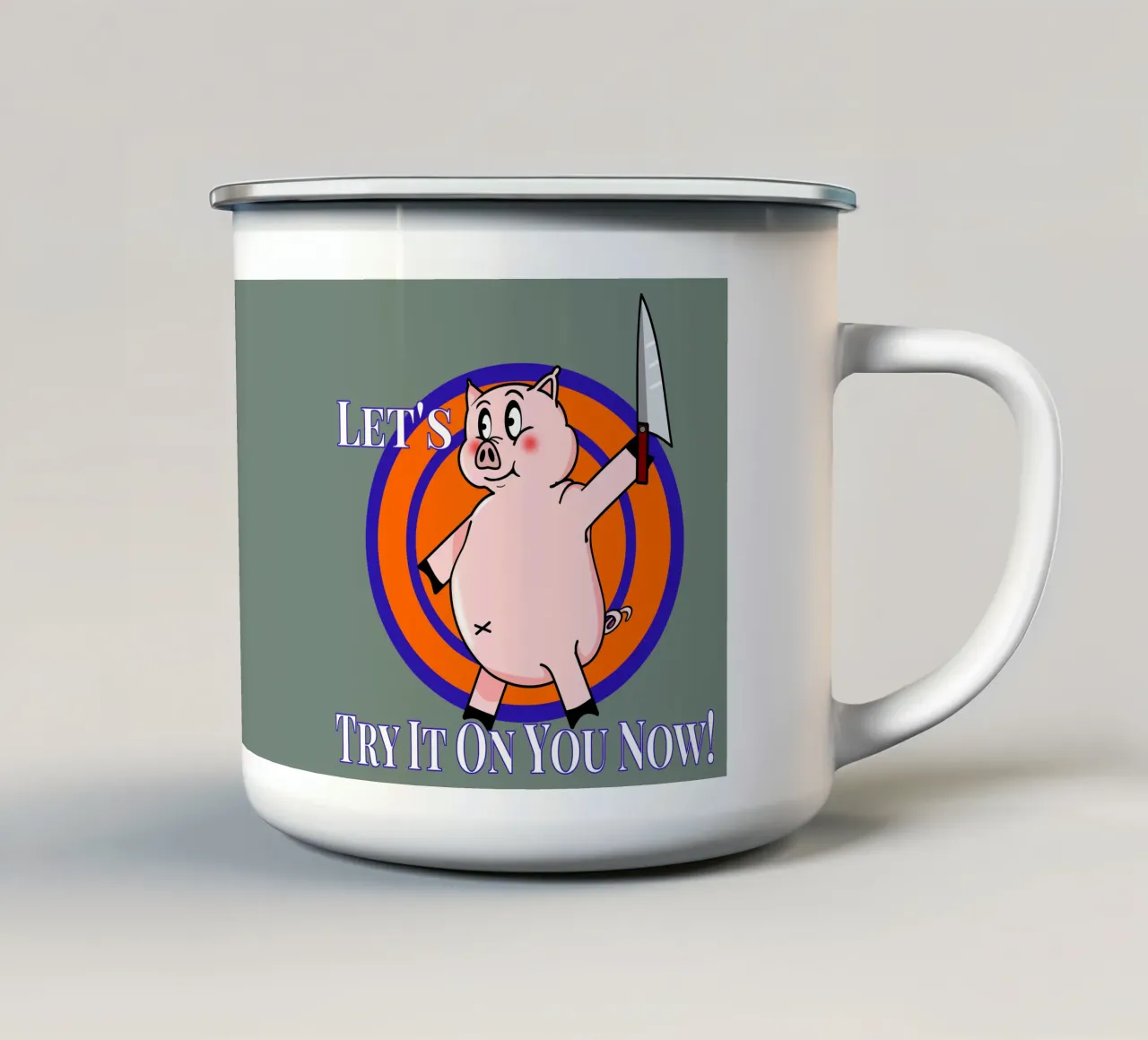 Proviamo su di te Maiale Cartoon tazza in smalto da sillyindustries