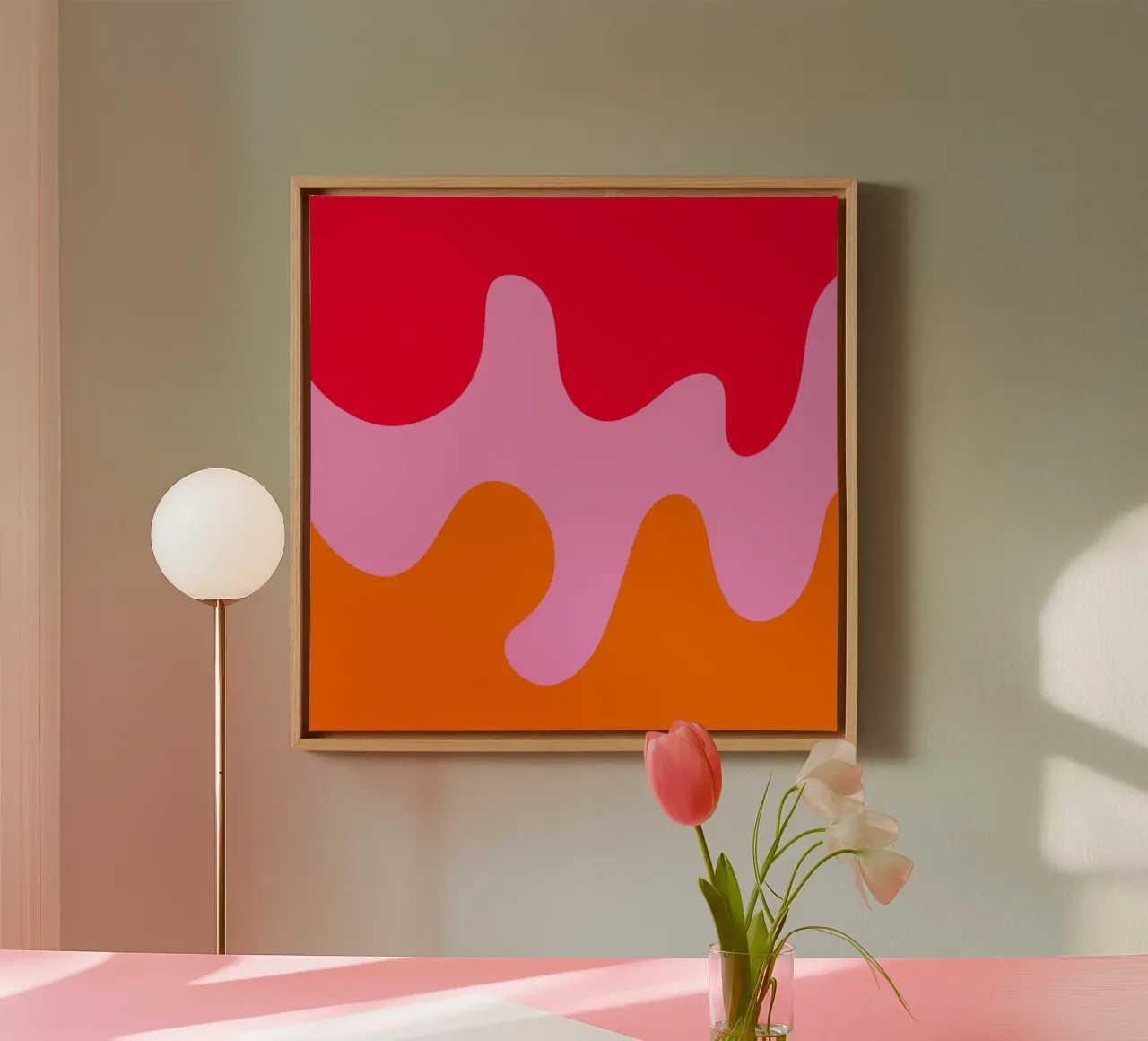 Abstracte moderne vormen - roze, oranje, rood canvas met Baklijst van Wackapacka