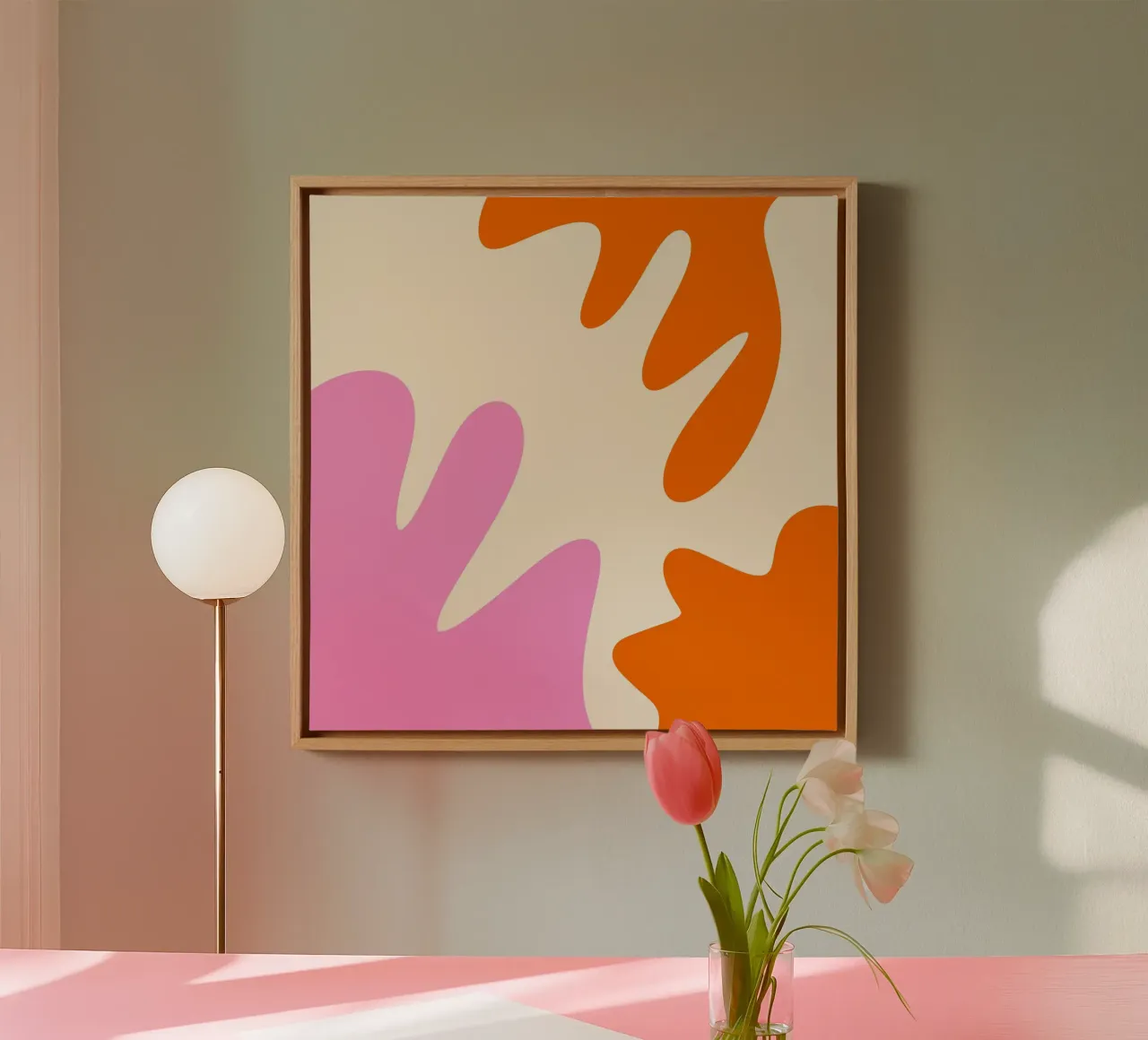 Abstracte moderne vormen - roze, oranje en crème canvas met Baklijst van Wackapacka