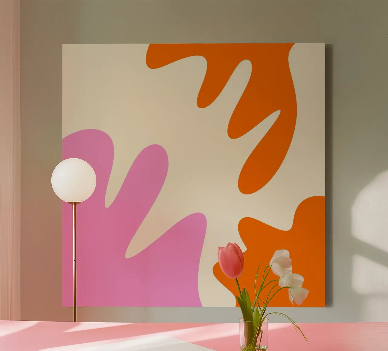 Abstracte moderne vormen - roze, oranje en crème canvas met Baklijst van Wackapacka