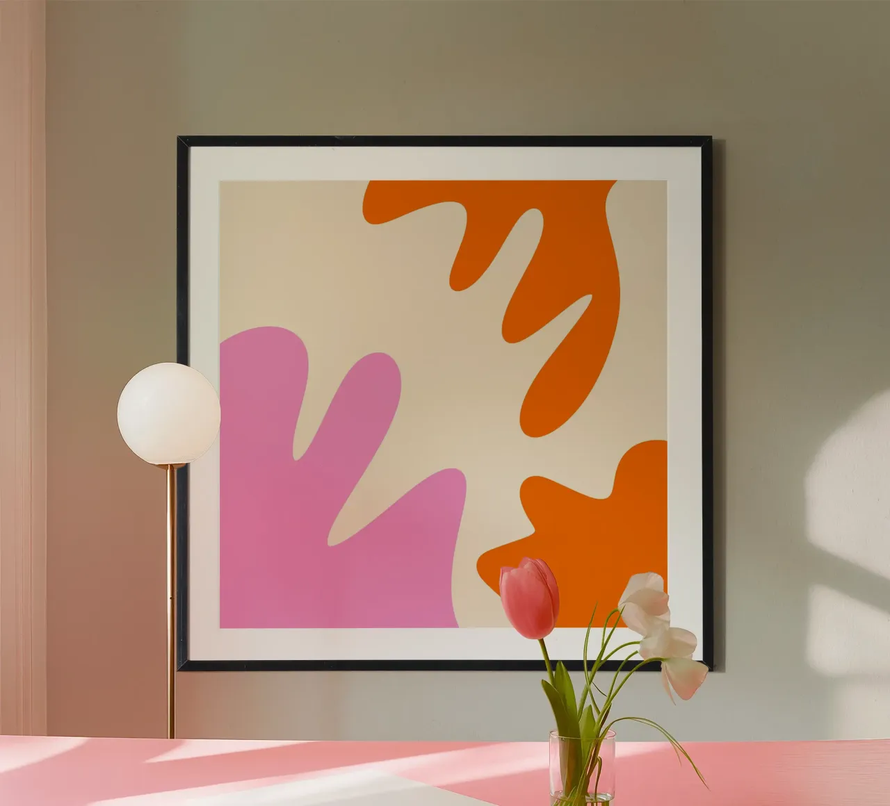 Forme astratte e moderne - rosa, arancione e crema poster con telaio in plastica da Wackapacka