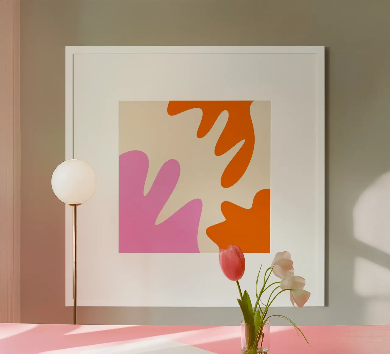 Forme astratte e moderne - rosa, arancione e crema poster con telaio in plastica da Wackapacka