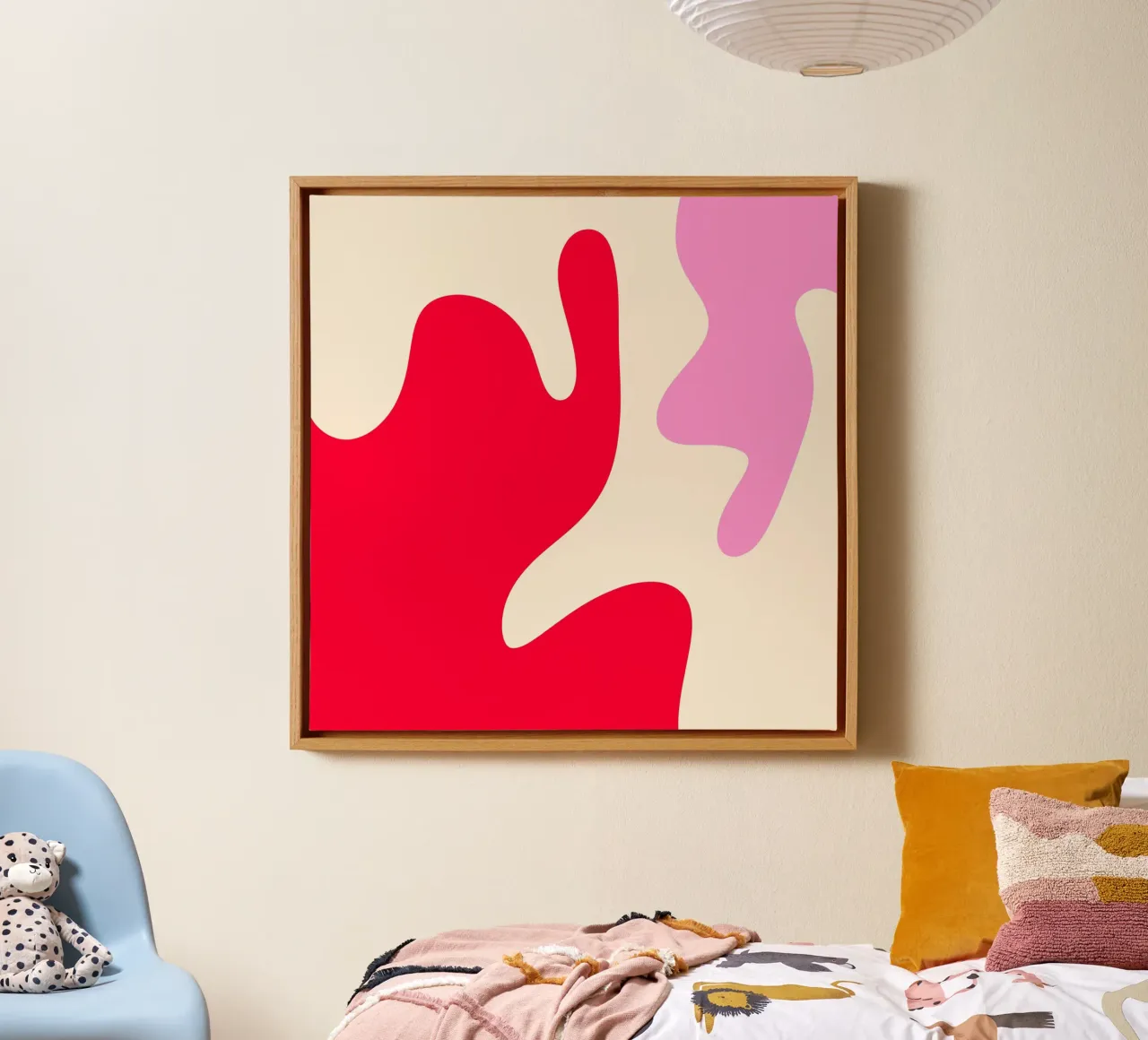 Abstract modern shapes - pink, cream, red canvas with Floater frame by Wackapacka