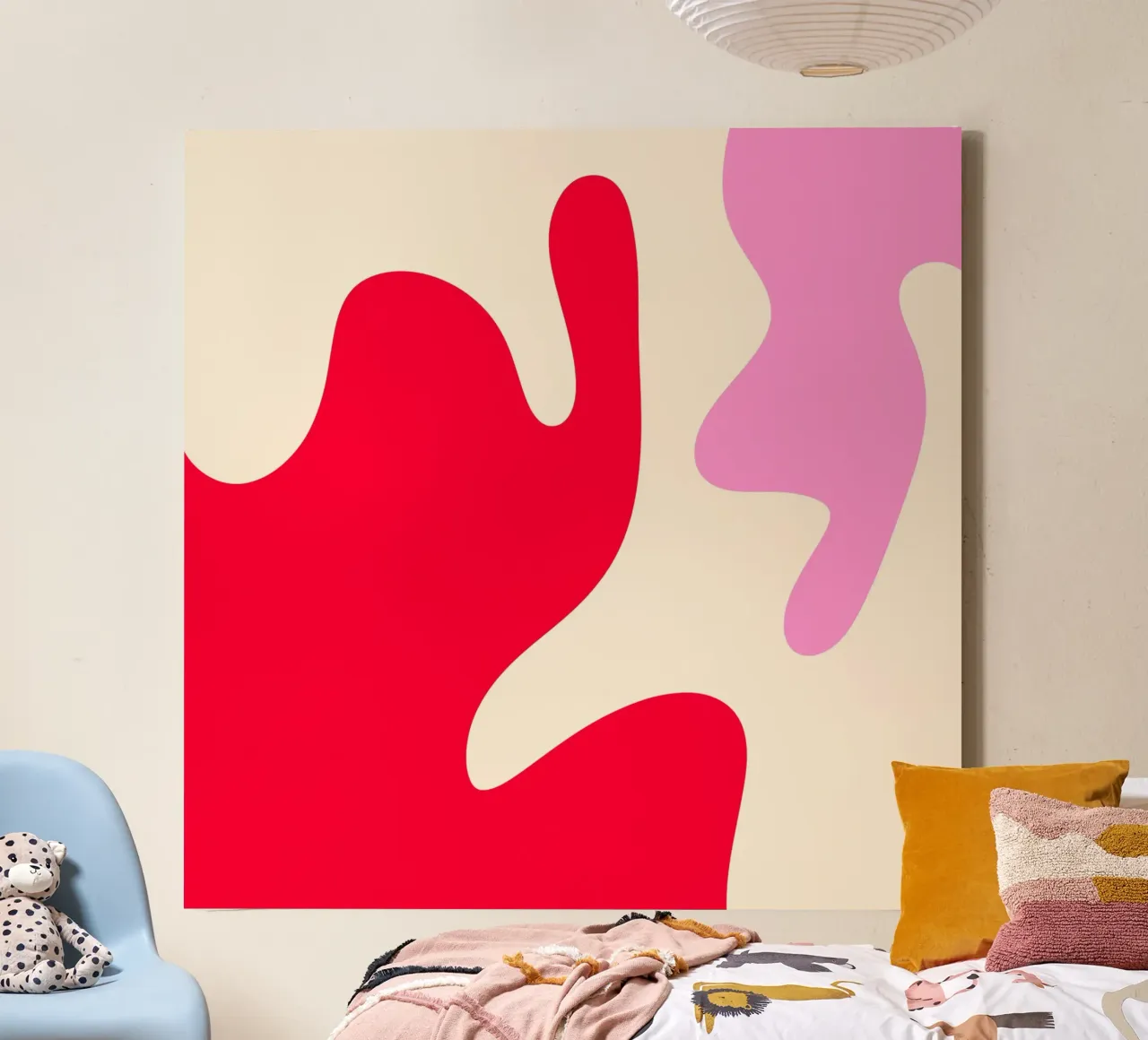 Abstract modern shapes - pink, cream, red canvas with Floater frame by Wackapacka
